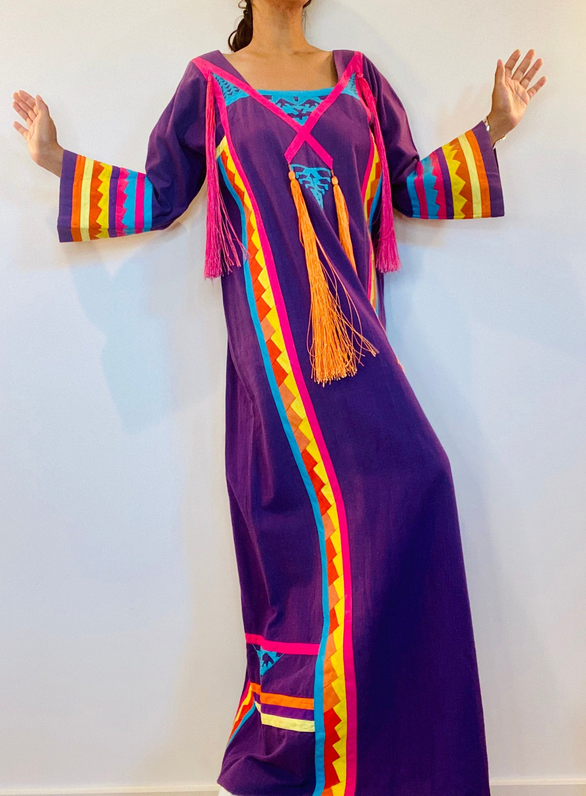 70s Josefa Ibarra Wearable Art Embroidered Organic Cotton Boho Hippie Unisex Long Mexican Caftan with Bell Sleeves Fringe