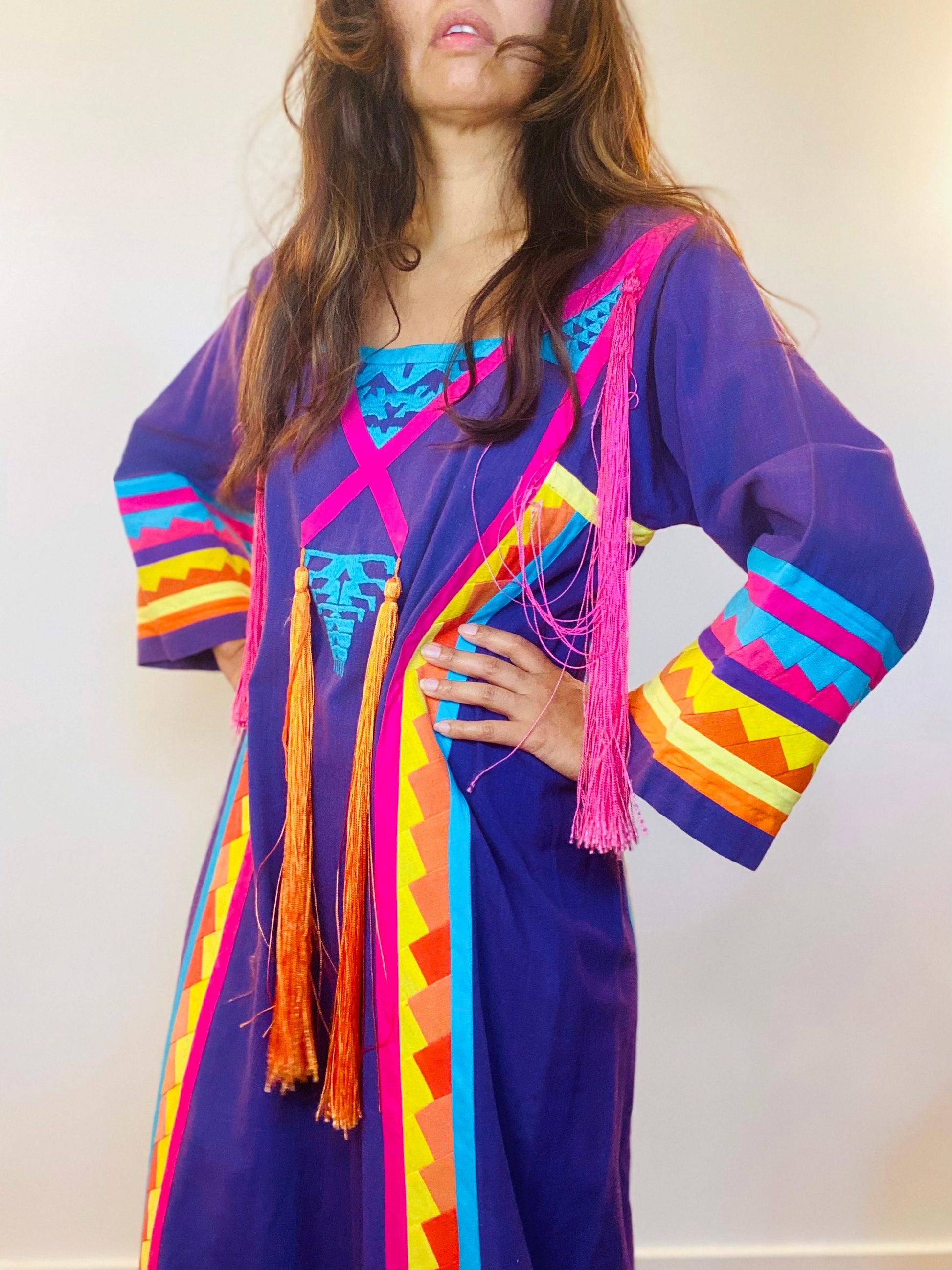 70s Josefa Ibarra Wearable Art Embroidered Organic Cotton Boho Hippie Unisex Long Mexican Caftan with Bell Sleeves Fringe