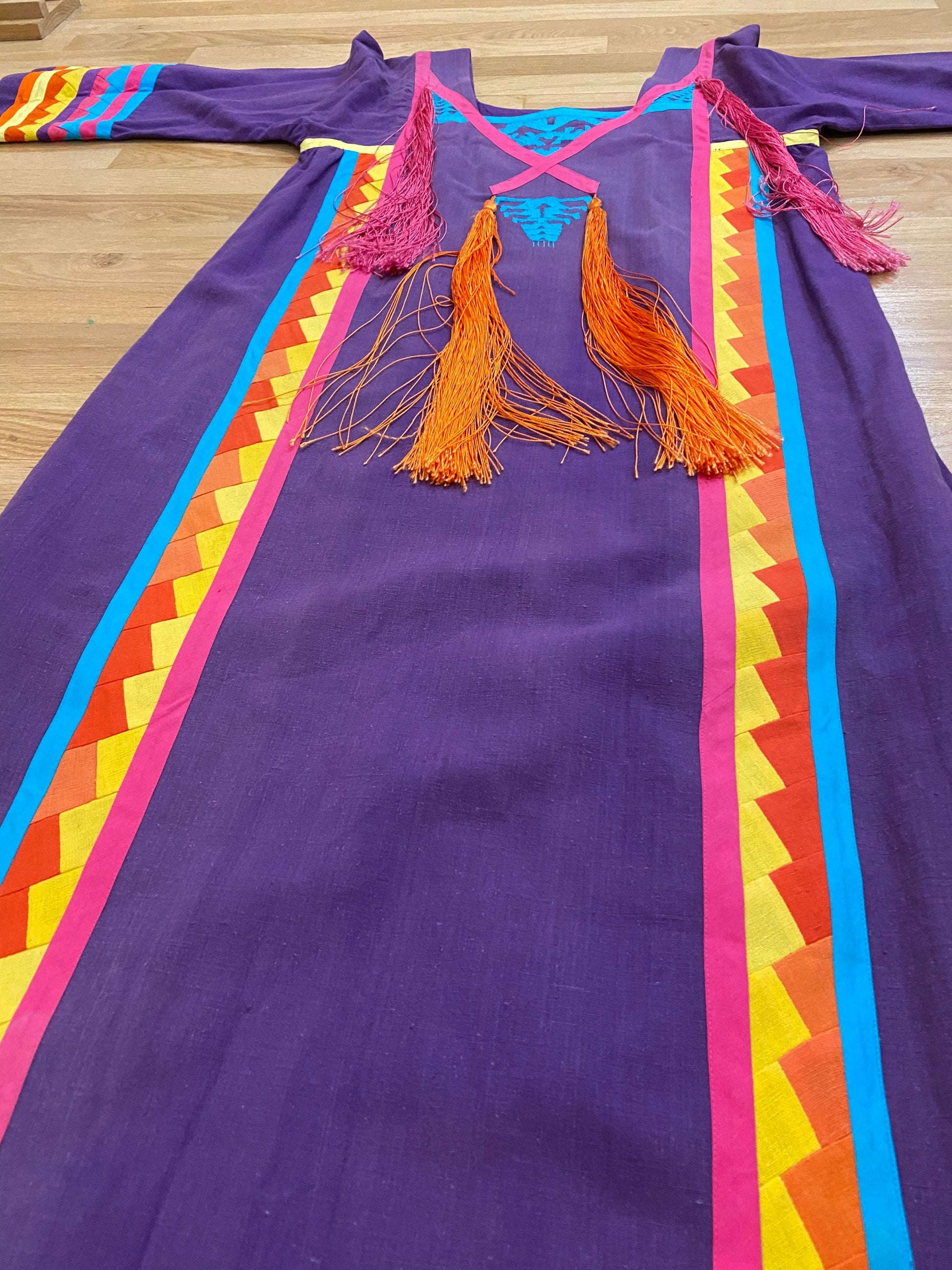 70s Josefa Ibarra Wearable Art Embroidered Organic Cotton Boho Hippie Unisex Long Mexican Caftan with Bell Sleeves Fringe