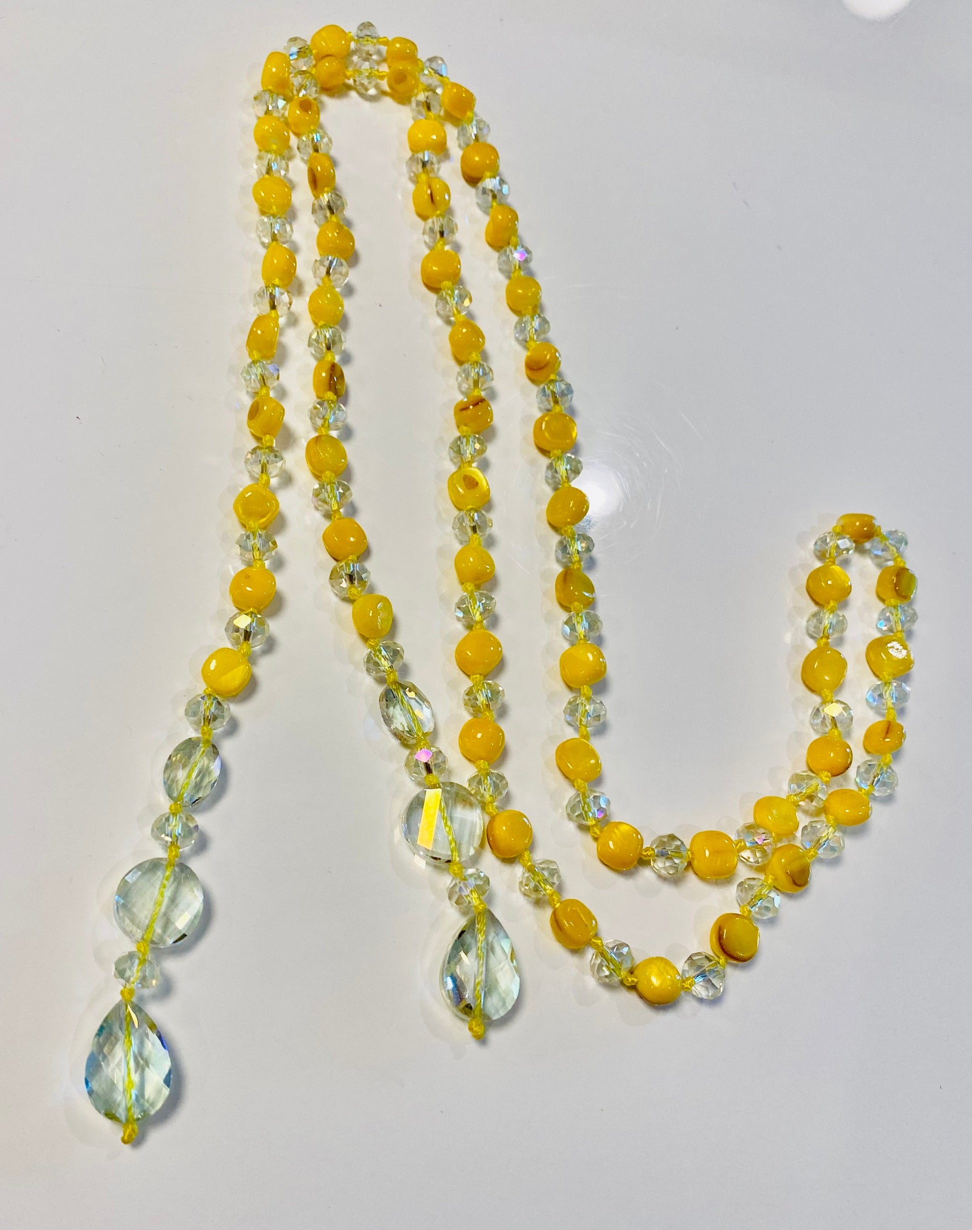 Glamorous Hand Knotted Yellow Crystal Look Lariat Long Necklace Estate Jewelry