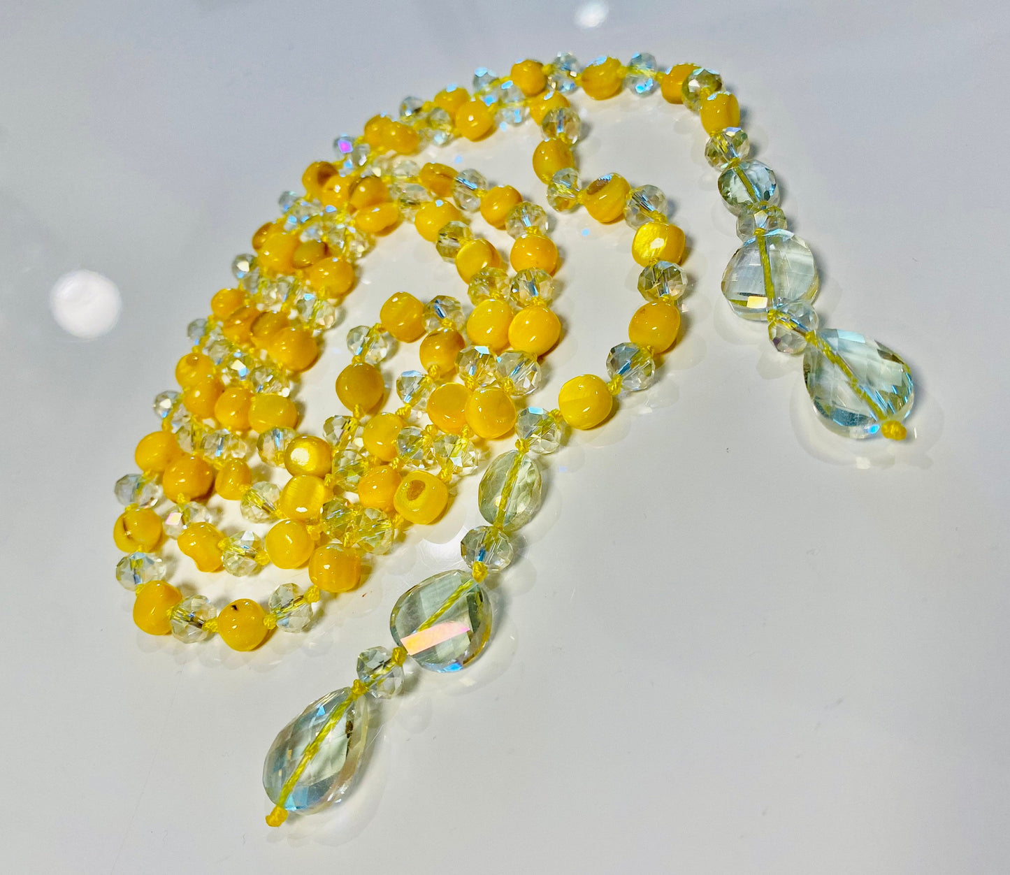 Glamorous Hand Knotted Yellow Crystal Look Lariat Long Necklace Estate Jewelry