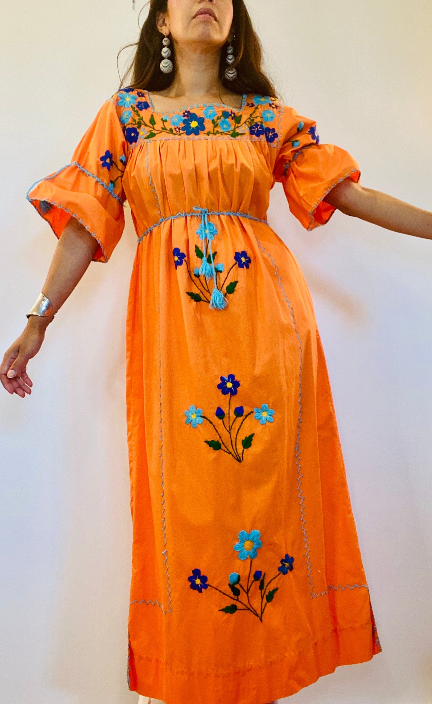 70s Orange Traditional Mexican Cotton Embroidered Maxi Caftan Dress Bell Sleeves