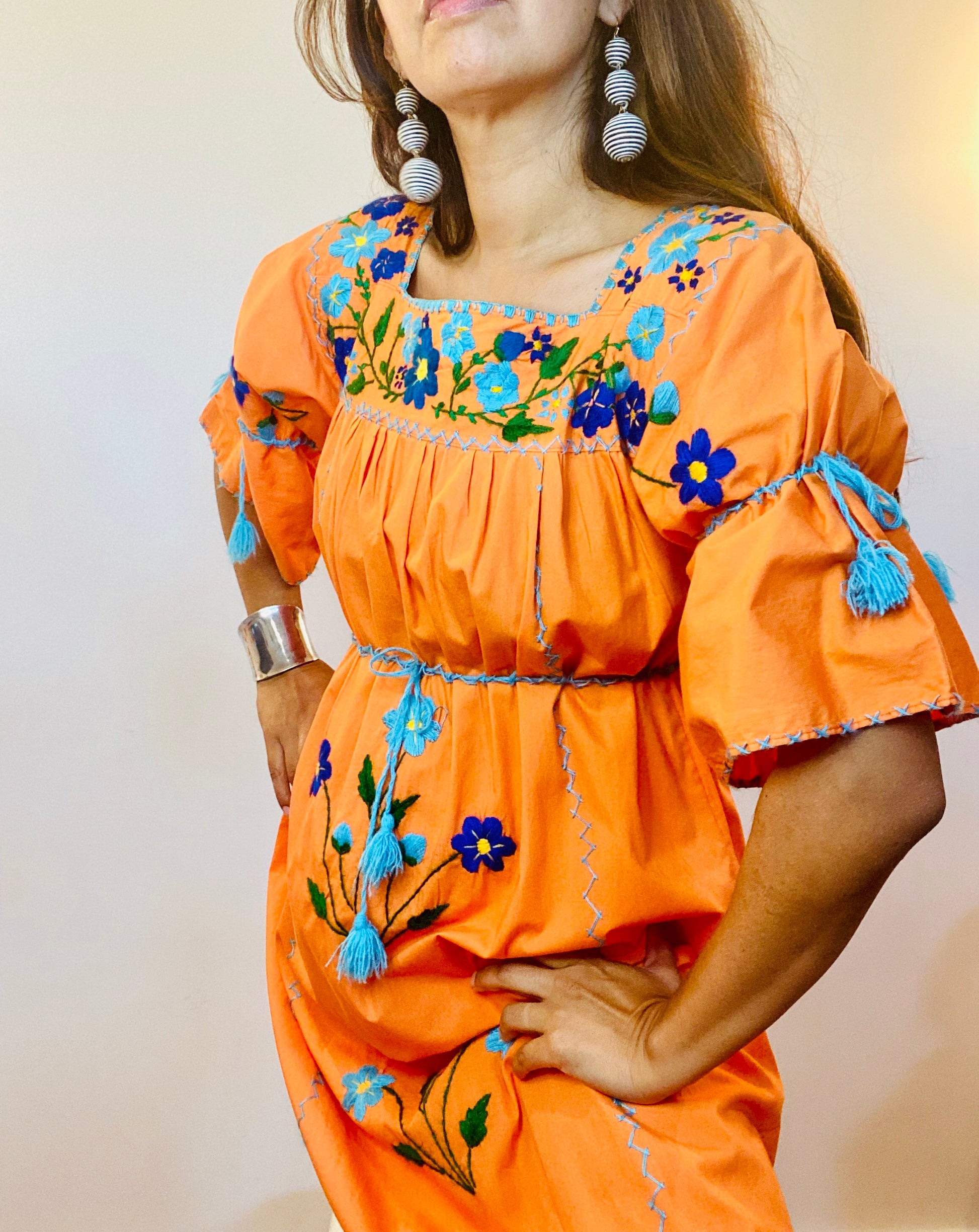 70s Orange Traditional Mexican Cotton Embroidered Maxi Caftan Dress Bell Sleeves