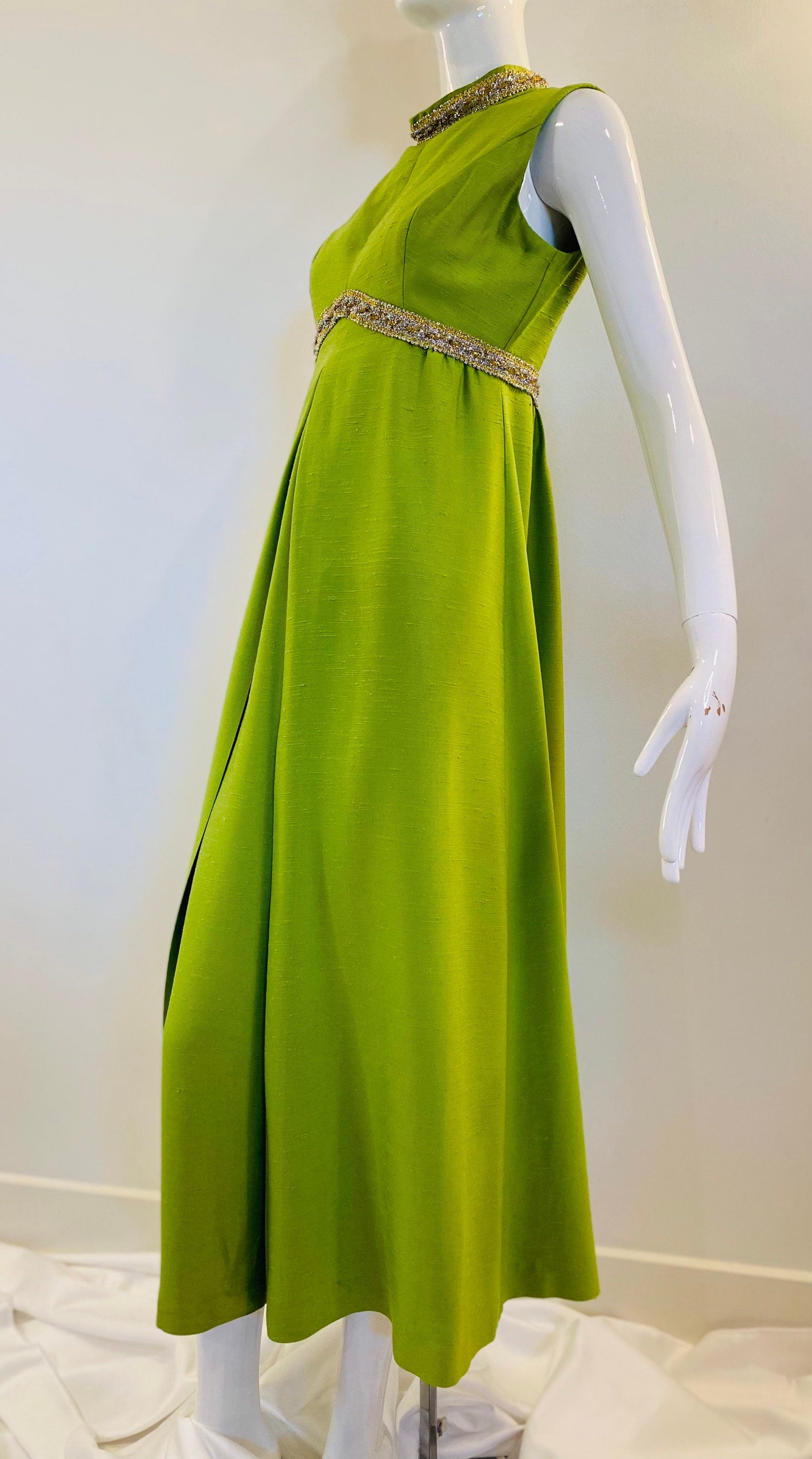 60s Green Sleeveless High Neck Keyhole Lorrie Deb Maxi Glam A line Maxi