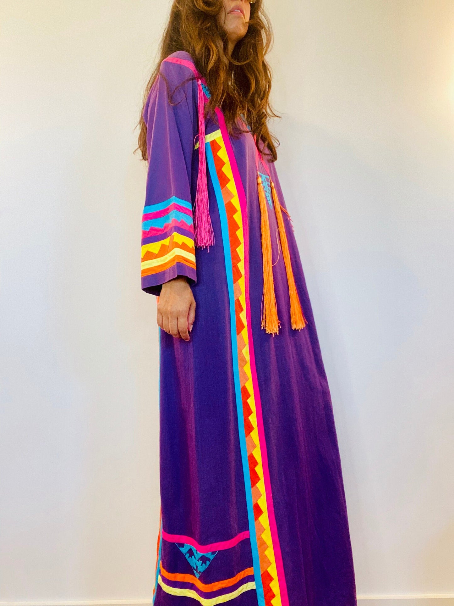 70s Josefa Ibarra Wearable Art Embroidered Organic Cotton Boho Hippie Unisex Long Mexican Caftan with Bell Sleeves Fringe