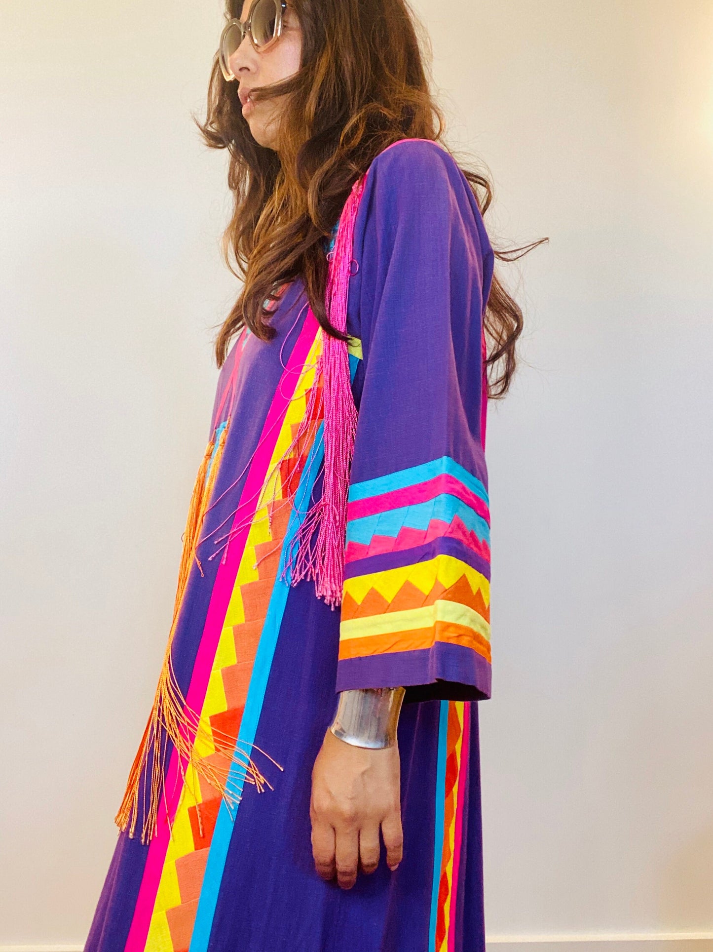 70s Josefa Ibarra Wearable Art Embroidered Organic Cotton Boho Hippie Unisex Long Mexican Caftan with Bell Sleeves Fringe