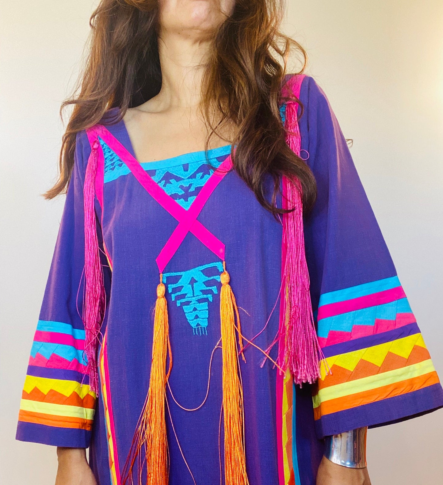 70s Josefa Ibarra Wearable Art Embroidered Organic Cotton Boho Hippie Unisex Long Mexican Caftan with Bell Sleeves Fringe
