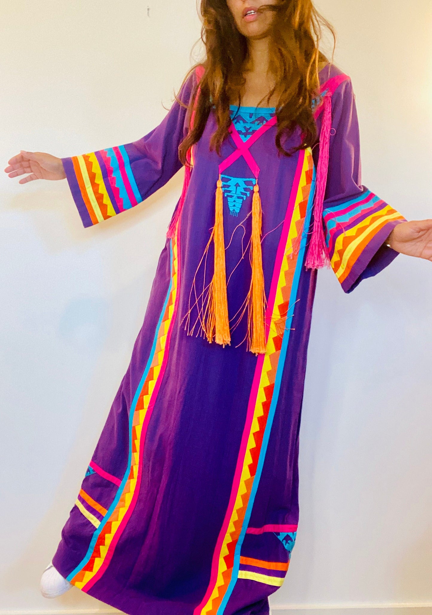 70s Josefa Ibarra Wearable Art Embroidered Organic Cotton Boho Hippie Unisex Long Mexican Caftan with Bell Sleeves Fringe