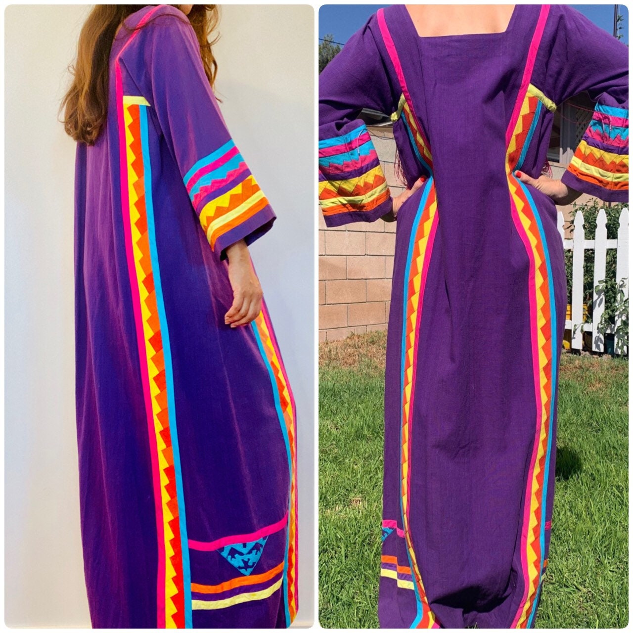70s Josefa Ibarra Wearable Art Embroidered Organic Cotton Boho Hippie Unisex Long Mexican Caftan with Bell Sleeves Fringe