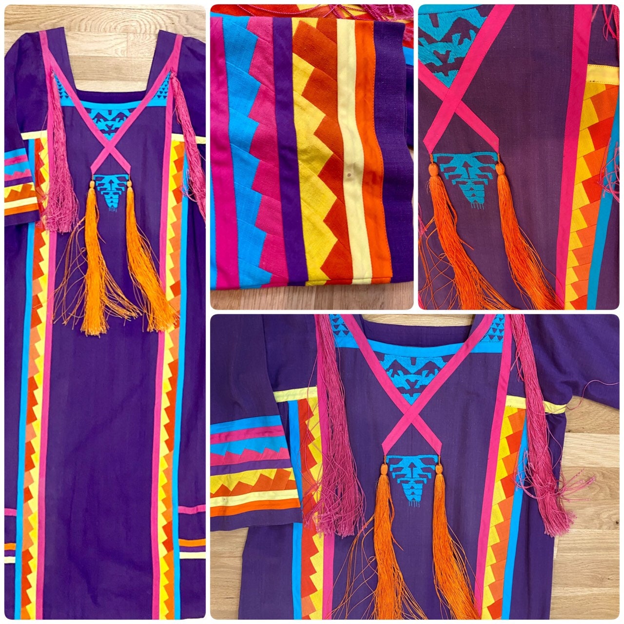 70s Josefa Ibarra Wearable Art Embroidered Organic Cotton Boho Hippie Unisex Long Mexican Caftan with Bell Sleeves Fringe