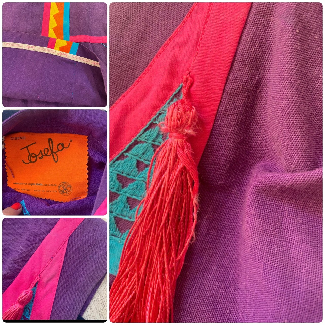 70s Josefa Ibarra Wearable Art Embroidered Organic Cotton Boho Hippie Unisex Long Mexican Caftan with Bell Sleeves Fringe