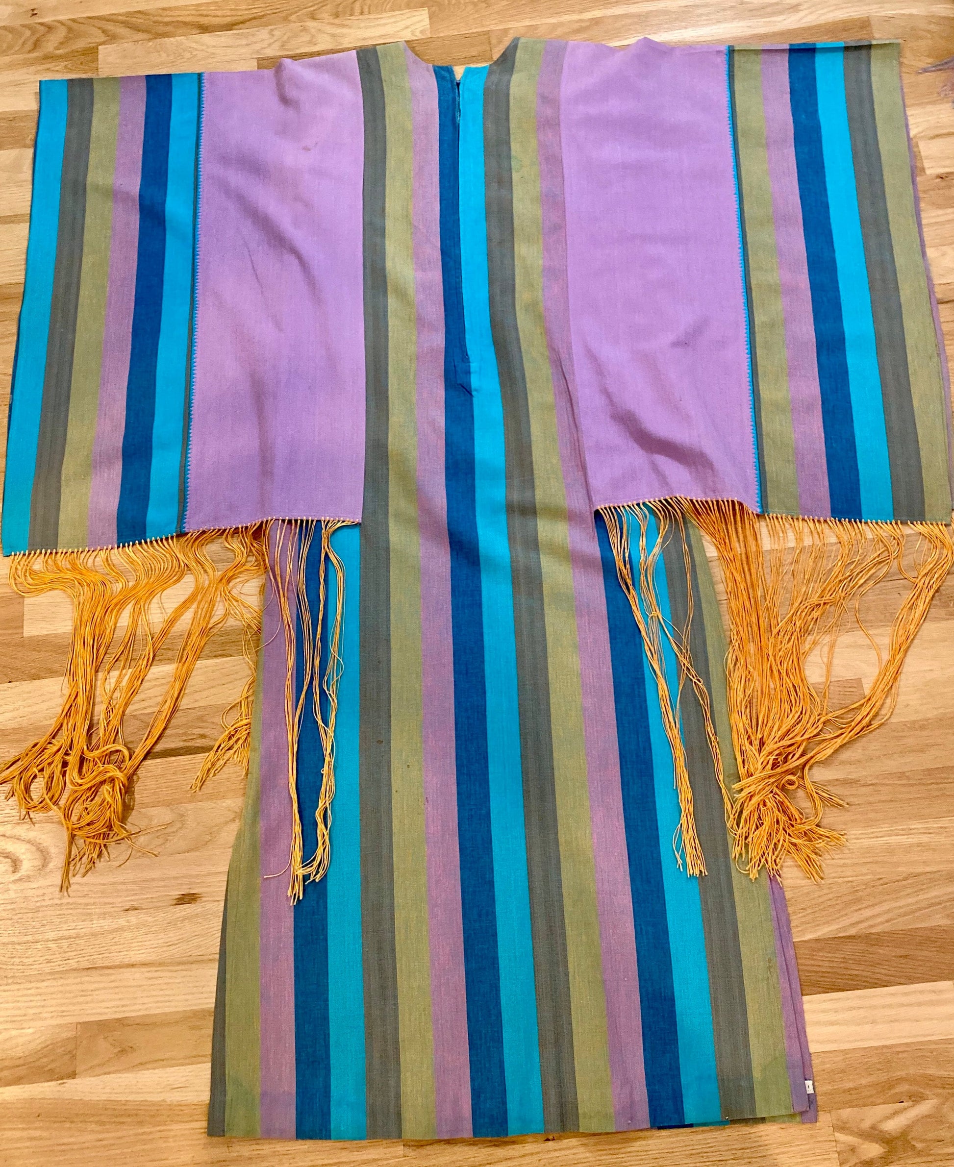70s Josefa Ibarra Cotton Striped Fringed Caftan Maxi Boho Hippie Dress