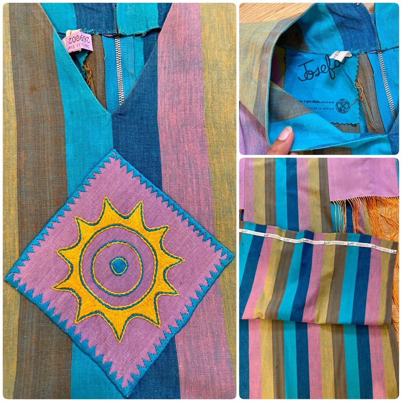 70s Josefa Ibarra Cotton Striped Fringed Caftan Maxi Boho Hippie Dress