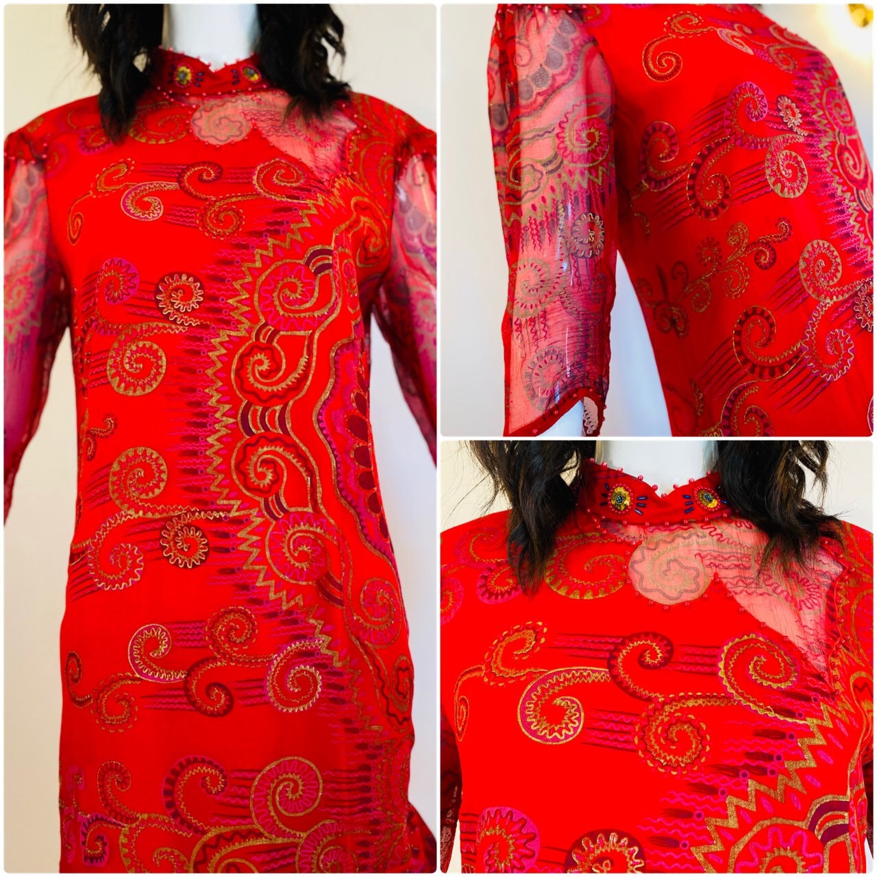 Vintage 80s Red Vibrant Zandra Rhodes Silk Tulle Party Dress Vintage Couture