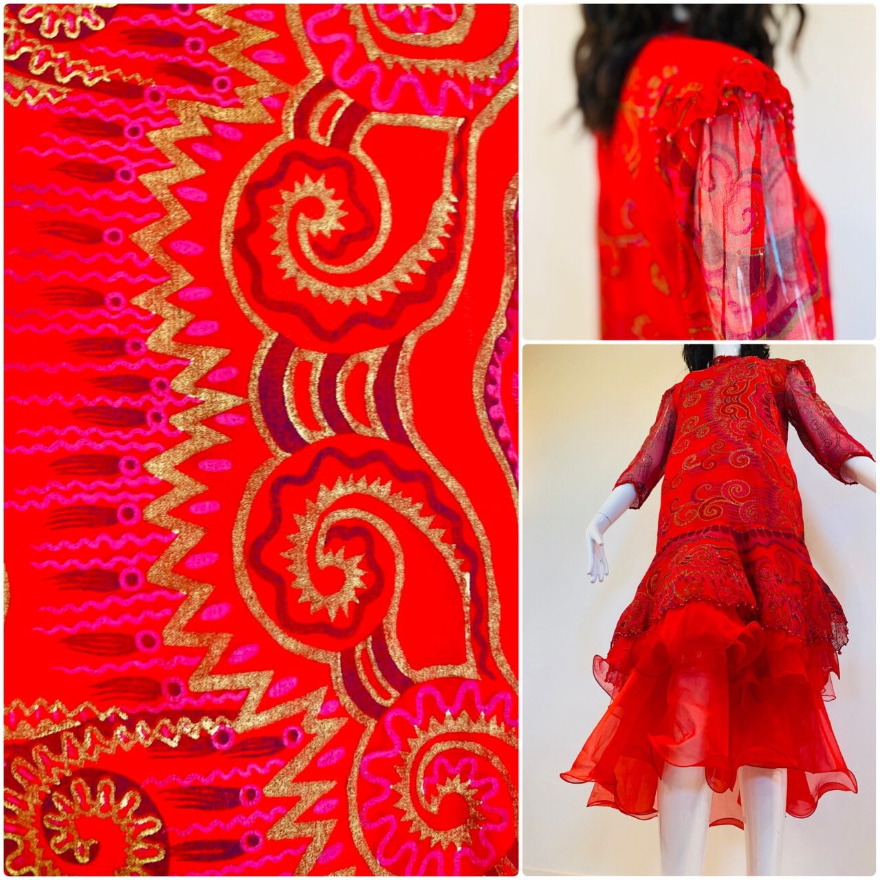 Vintage 80s Red Vibrant Zandra Rhodes Silk Tulle Party Dress Vintage Couture