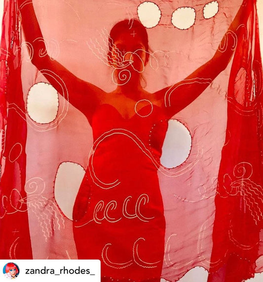 80s Zandra Rhodes Red "Lady Head" Print Punk Silk Shawl