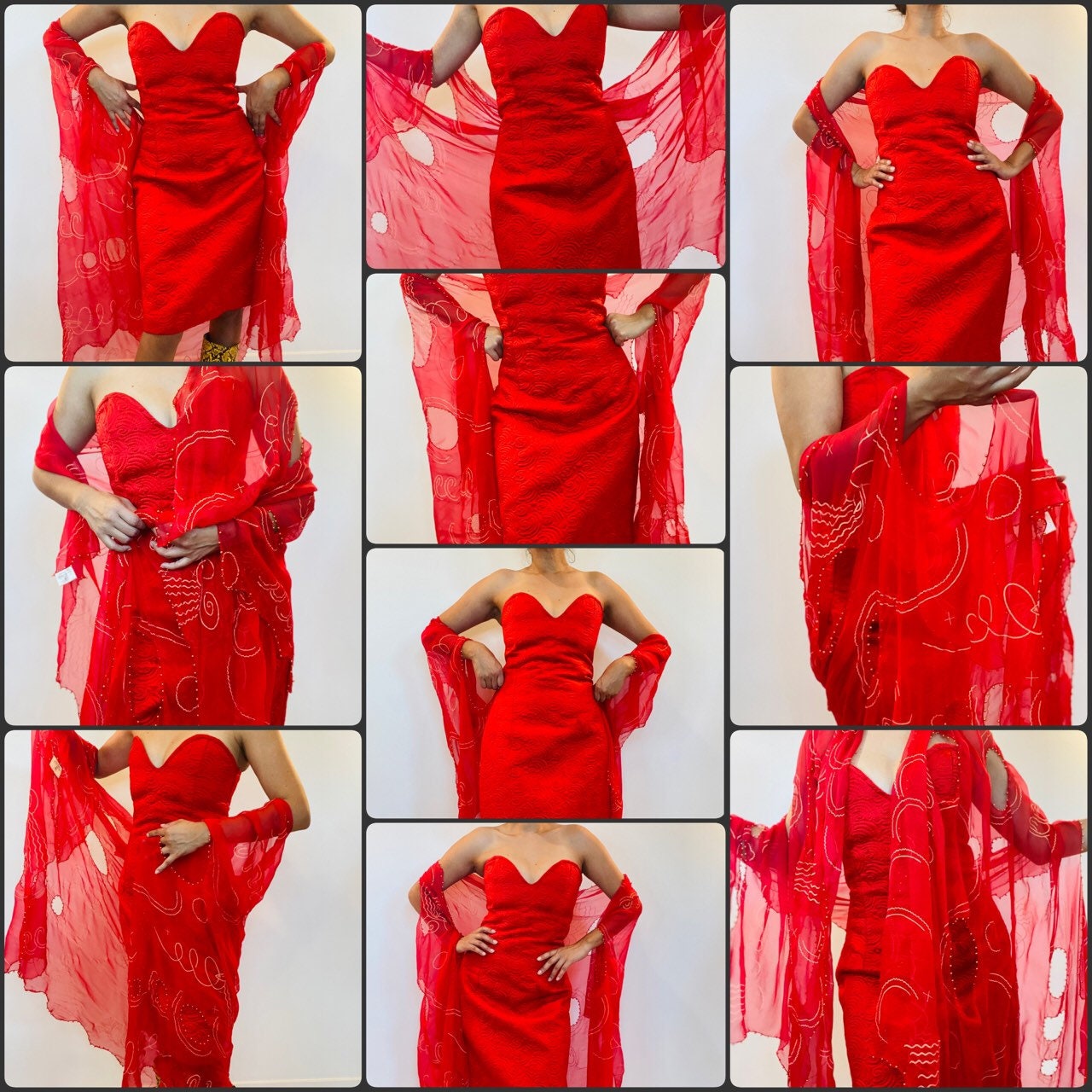 80s Zandra Rhodes Red "Lady Head" Print Punk Silk Shawl