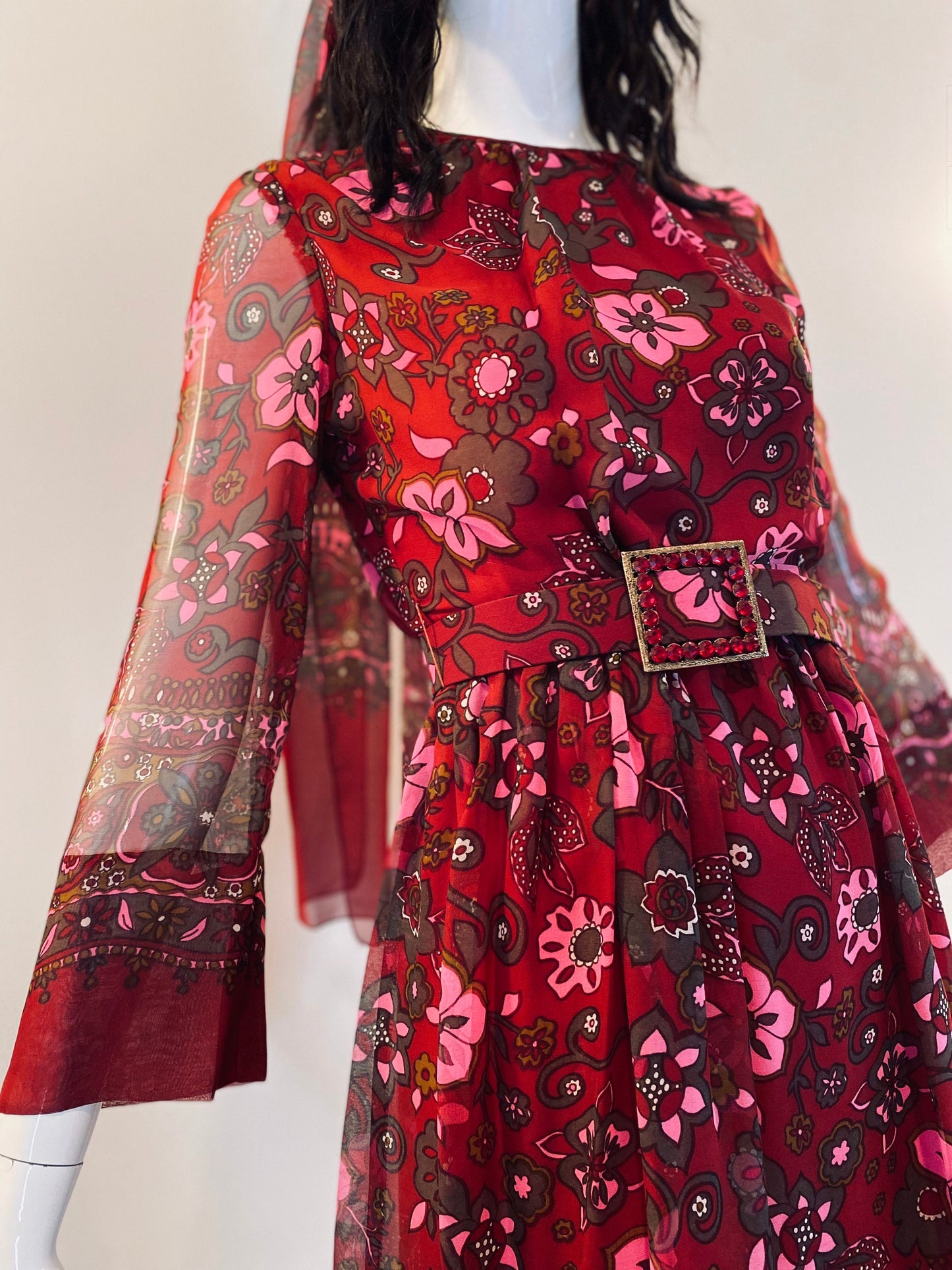 60s Adele Simpson Flower Power Chiffon Angel Sleeves Above The Knee Dress with Belts and Sash Ensemble