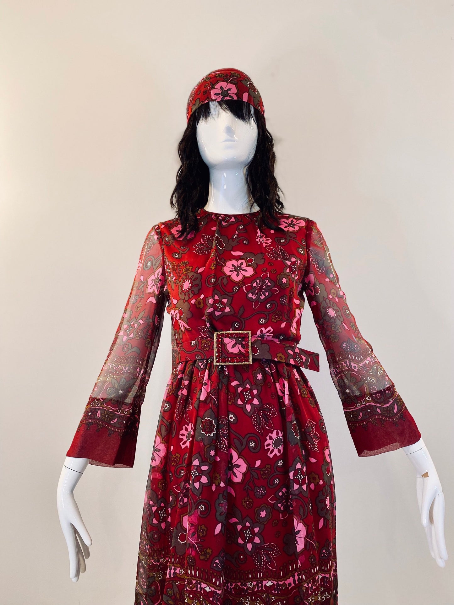 60s Adele Simpson Flower Power Chiffon Angel Sleeves Above The Knee Dress with Belts and Sash Ensemble