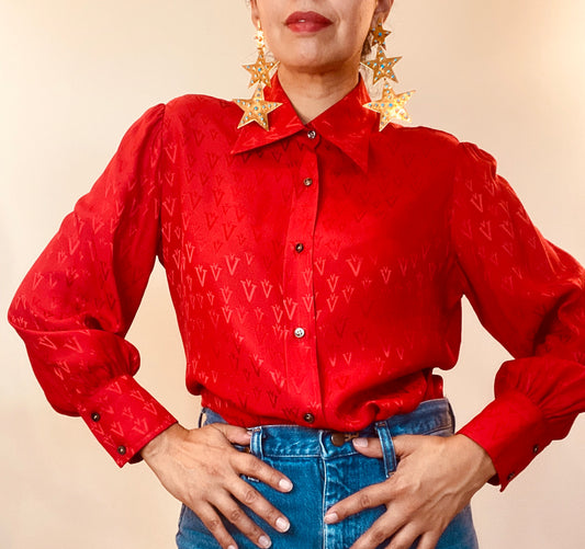 70s Valentino Red Silk Butterfly Collar Balloon Sleeves Blouse / Vintage Valentino Red Logo Puffy Sleeves Blouse / Large