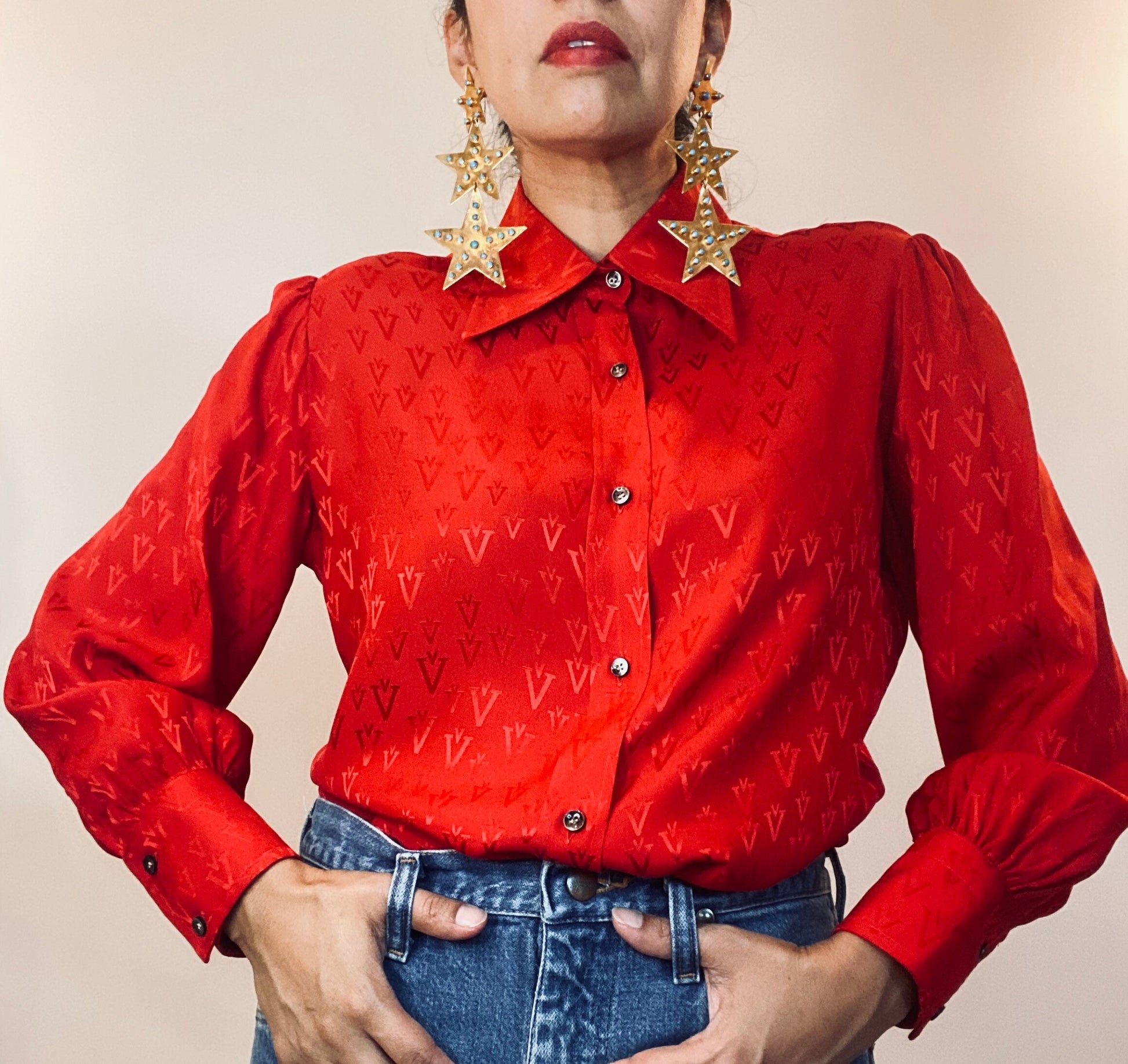 70s Valentino Red Silk Butterfly Collar Balloon Sleeves Blouse / Vintage Valentino Red Logo Puffy Sleeves Blouse / Large