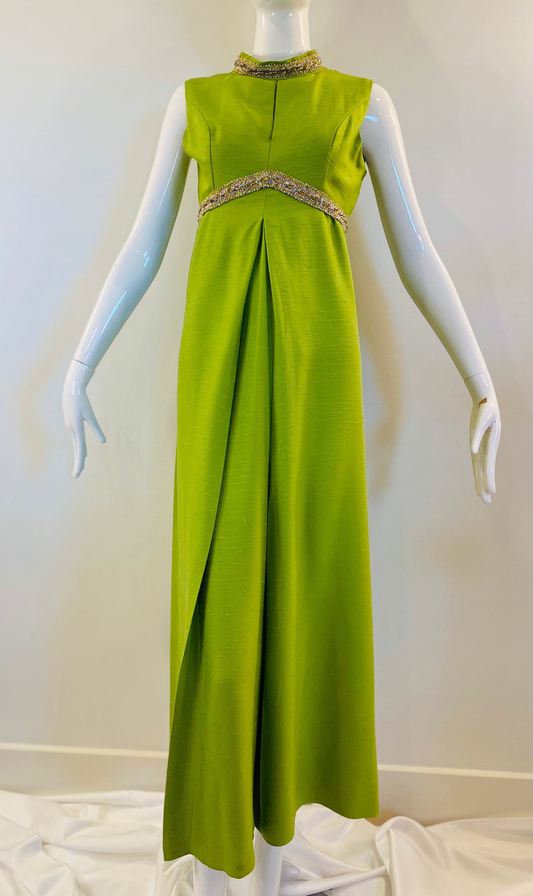 60s Green Sleeveless High Neck Keyhole Lorrie Deb Maxi Glam A line Maxi