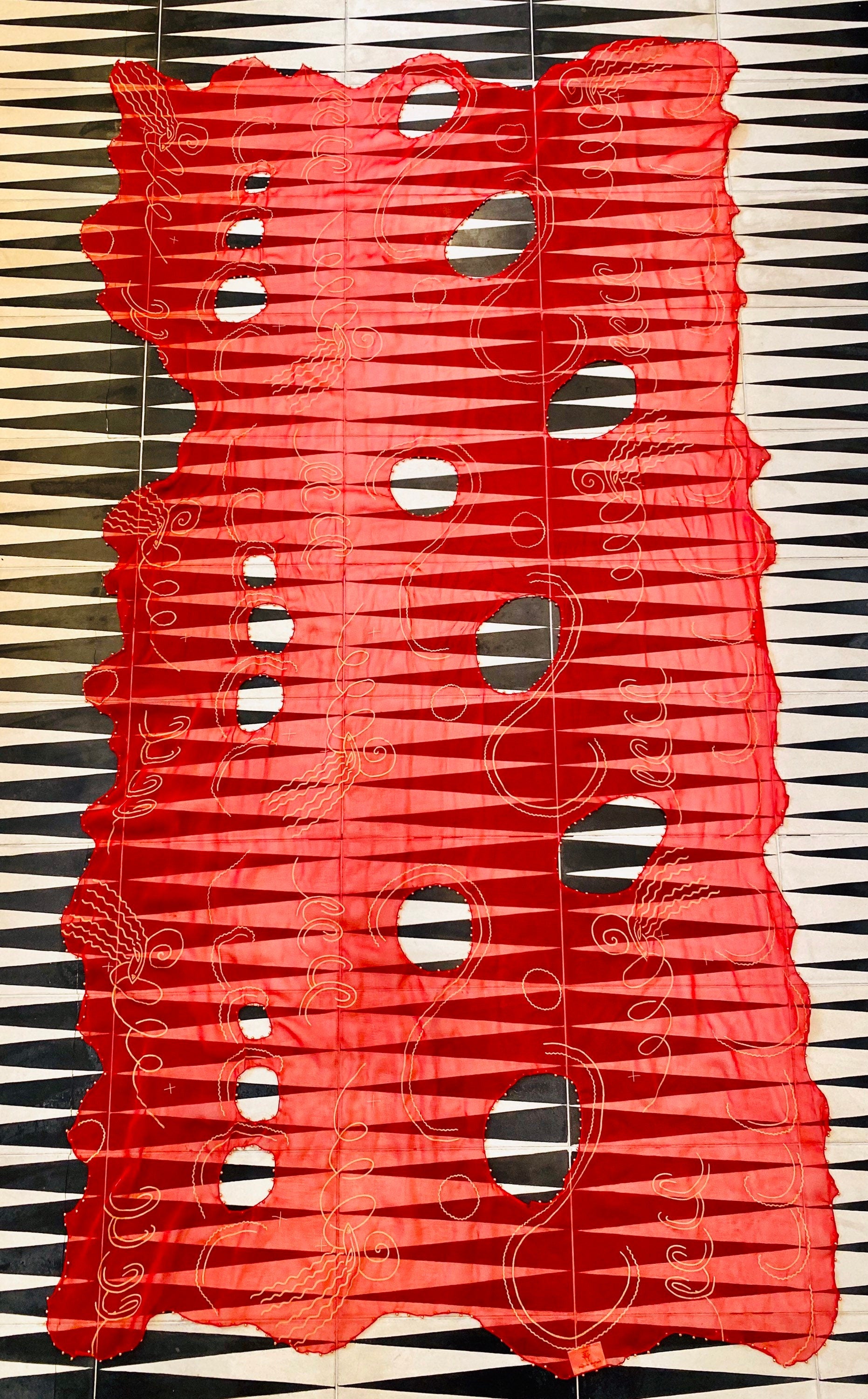 80s Zandra Rhodes Red "Lady Head" Print Punk Silk Shawl