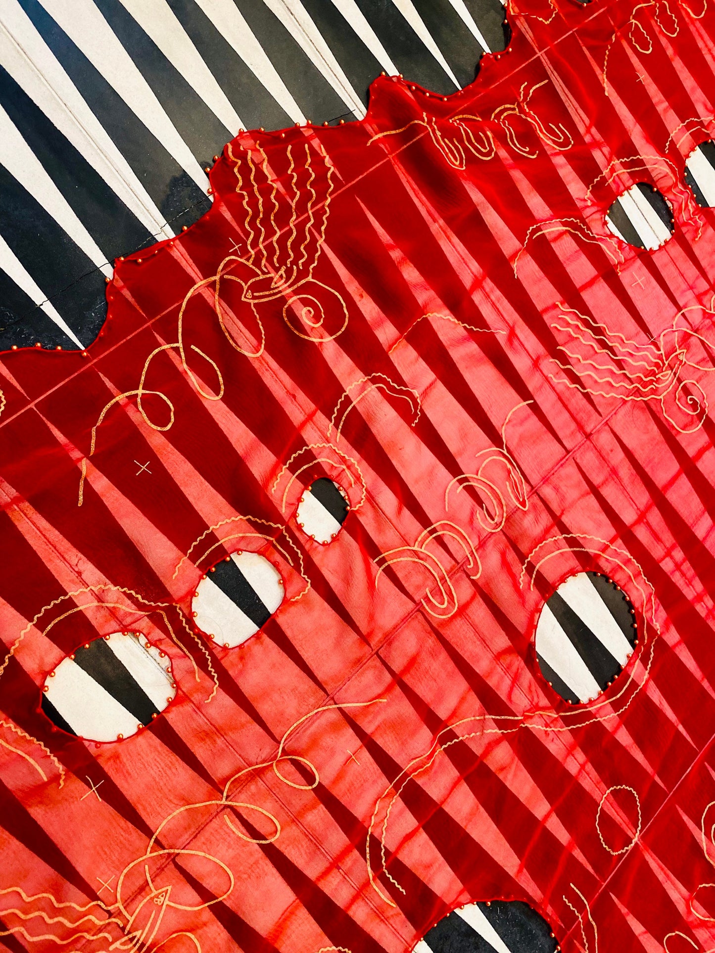 80s Zandra Rhodes Red "Lady Head" Print Punk Silk Shawl