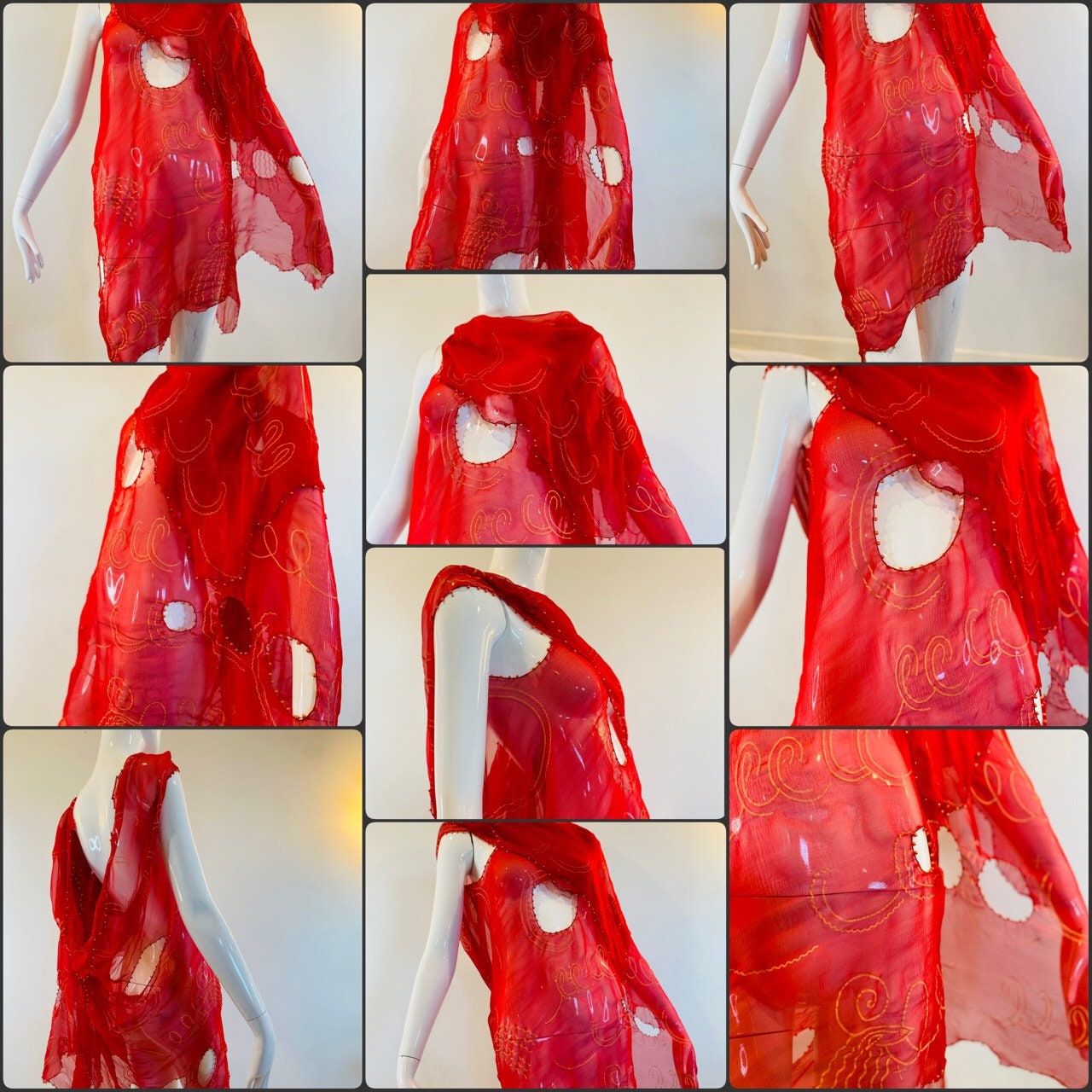80s Zandra Rhodes Red "Lady Head" Print Punk Silk Shawl