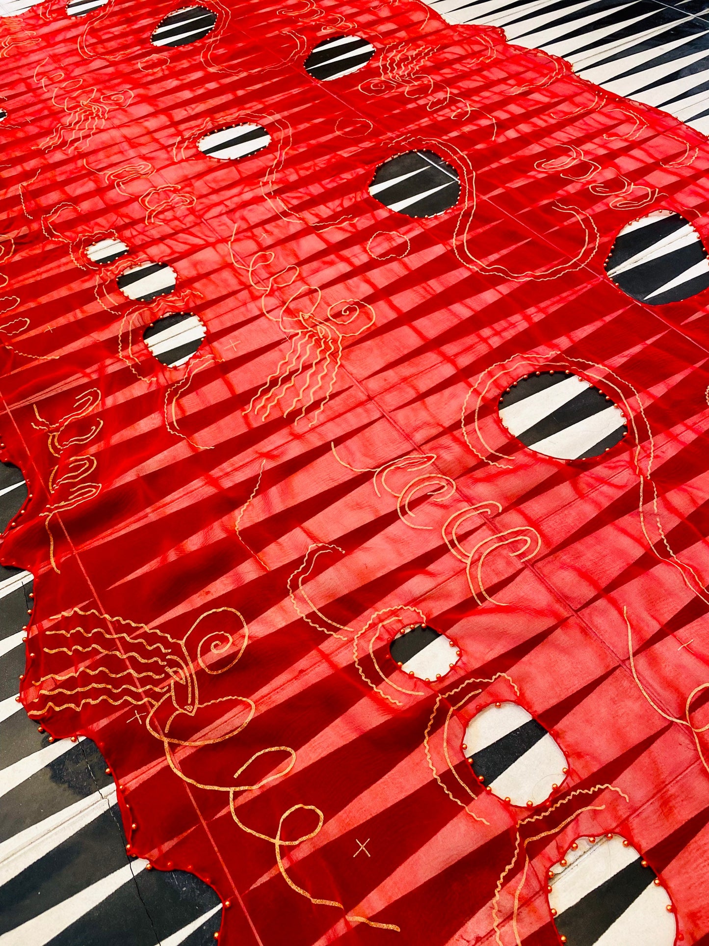 80s Zandra Rhodes Red "Lady Head" Print Punk Silk Shawl