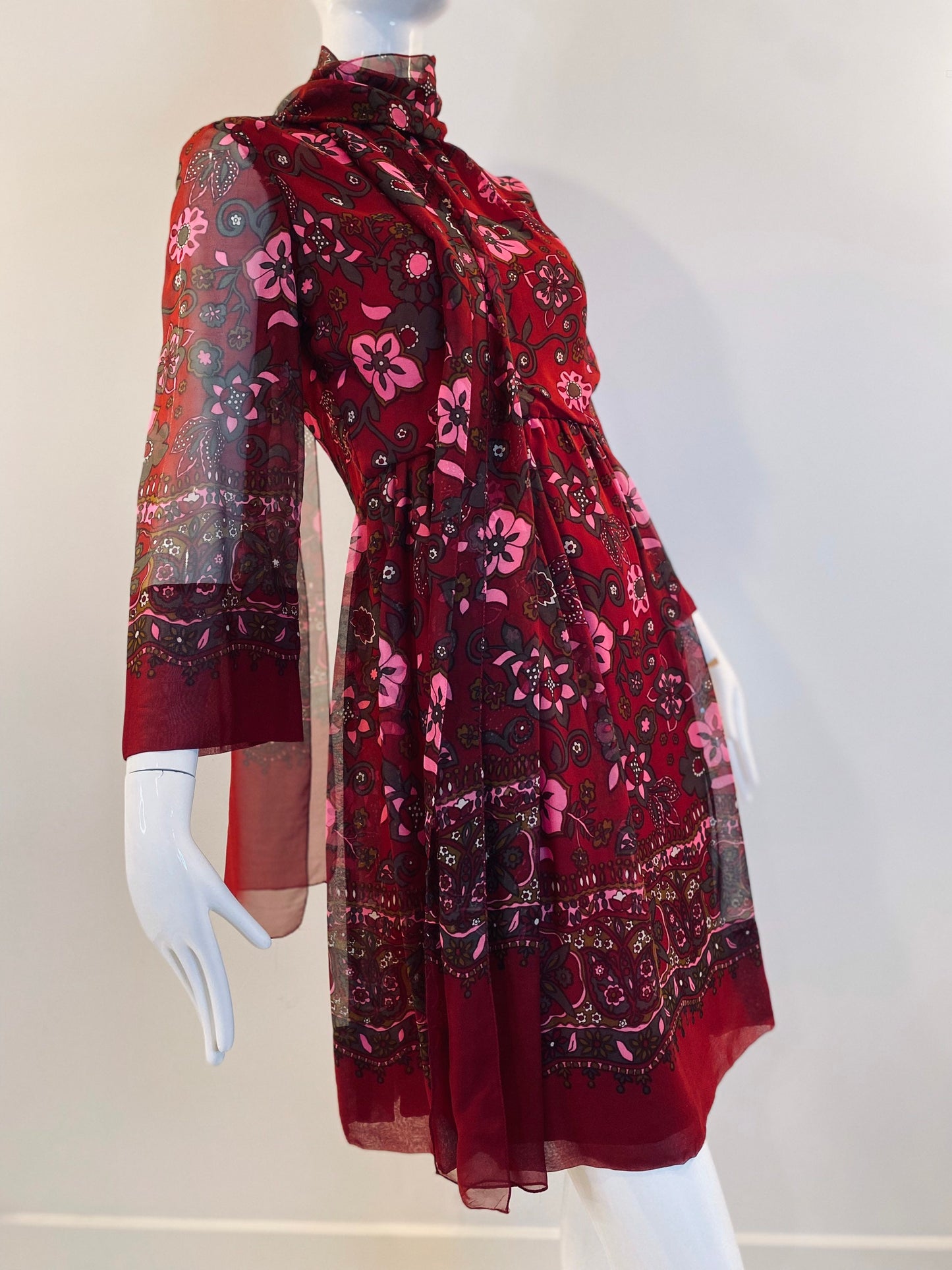 60s Adele Simpson Flower Power Chiffon Angel Sleeves Above The Knee Dress with Belts and Sash Ensemble