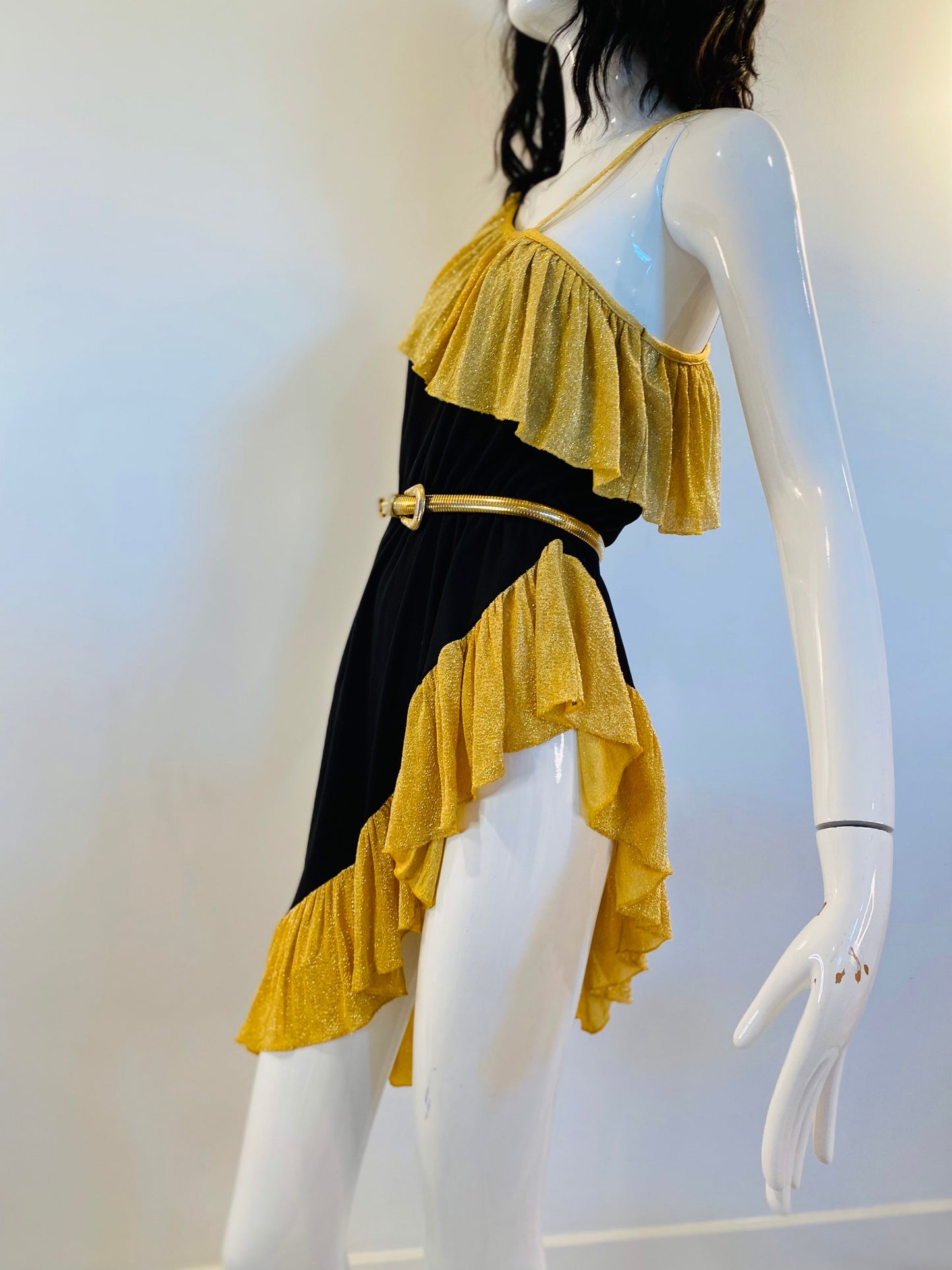 70s Disco Queen Studio 54 Sexy One Shoulder High Side Slit Barely There Party Dress Gold Lurex Nad Black Jersey RARE