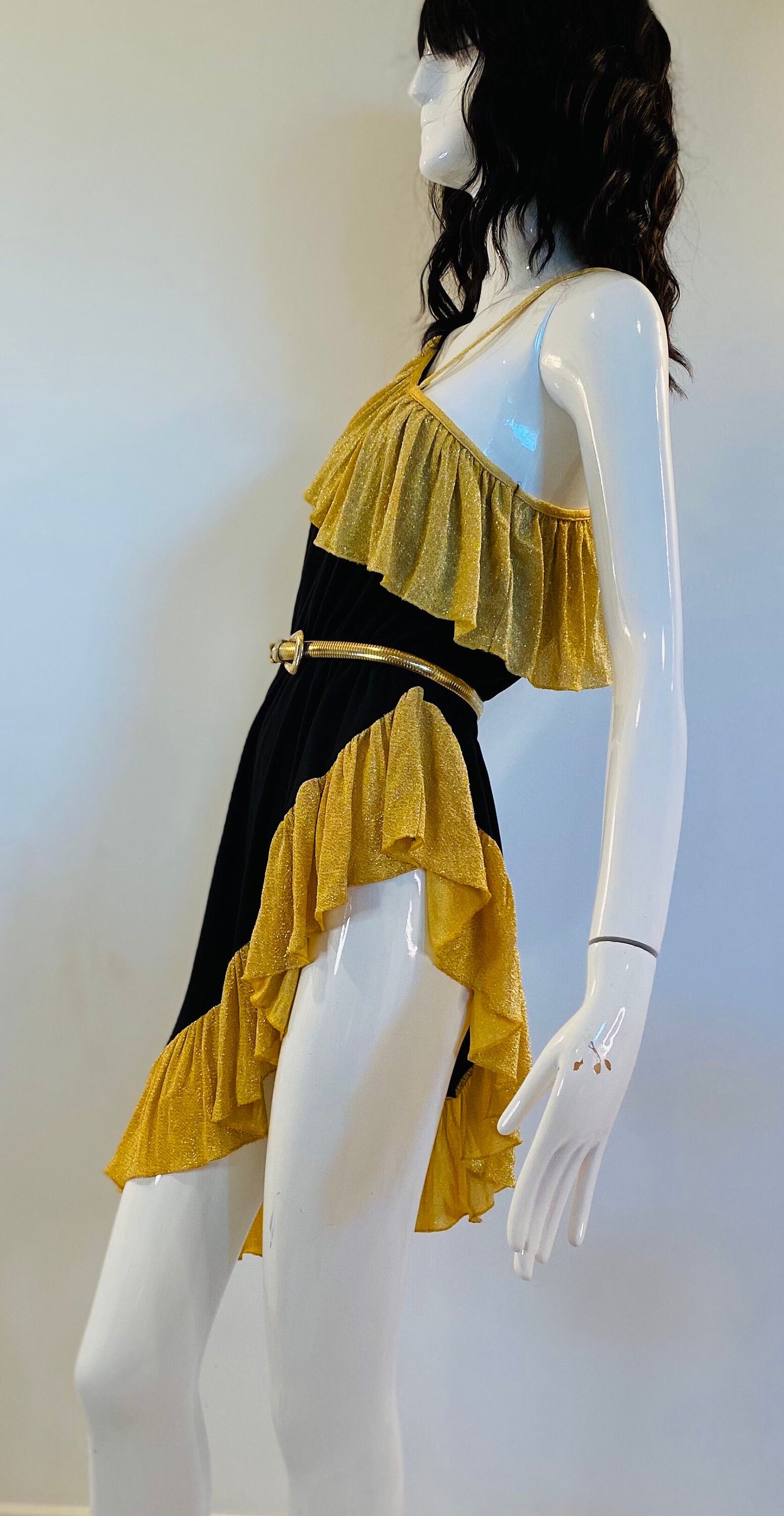 70s Disco Queen Studio 54 Sexy One Shoulder High Side Slit Barely There Party Dress Gold Lurex Nad Black Jersey RARE