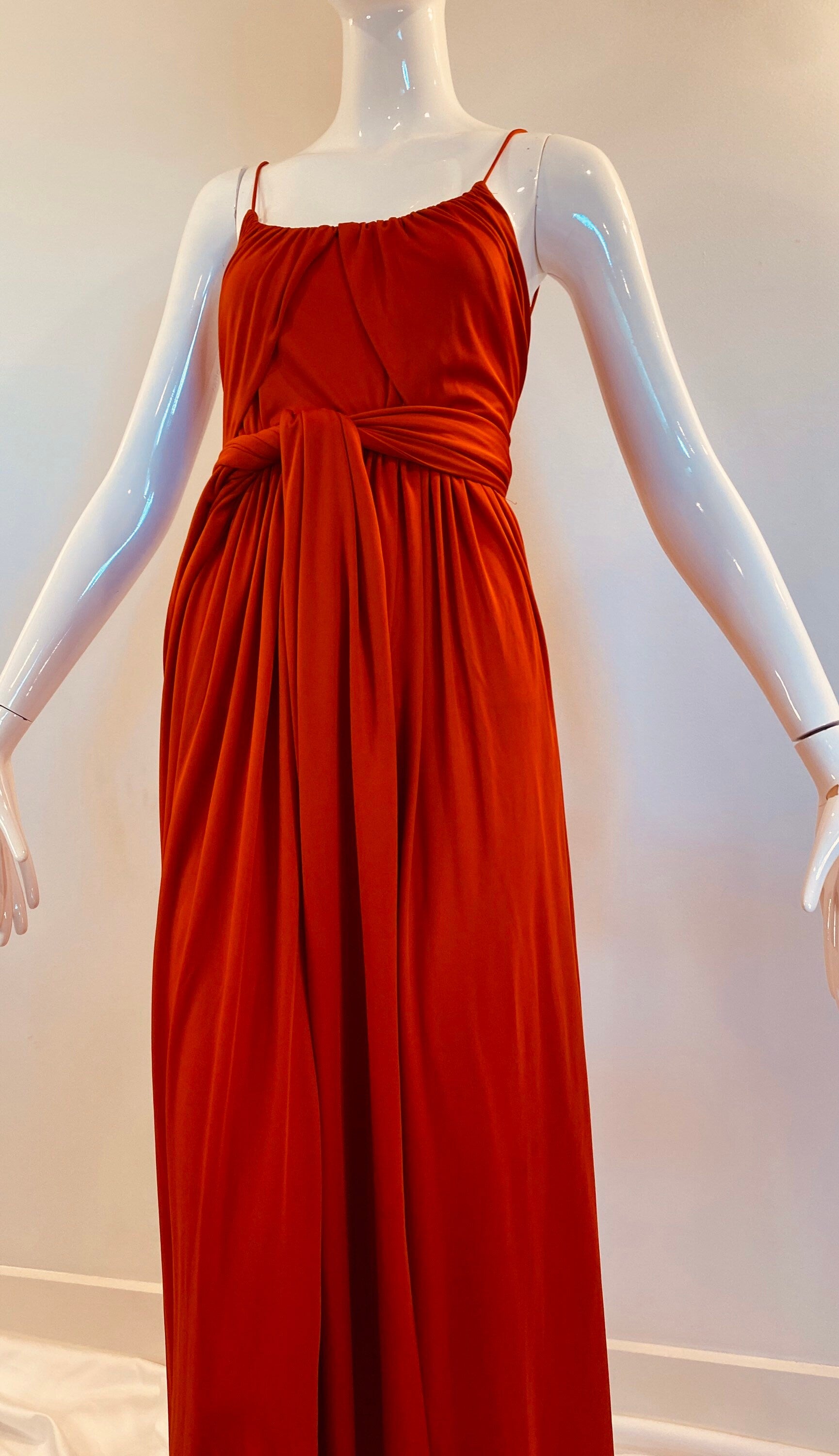 70s Donald Brooks Burned Orange Jersey Sashed Grecian Disco Gown