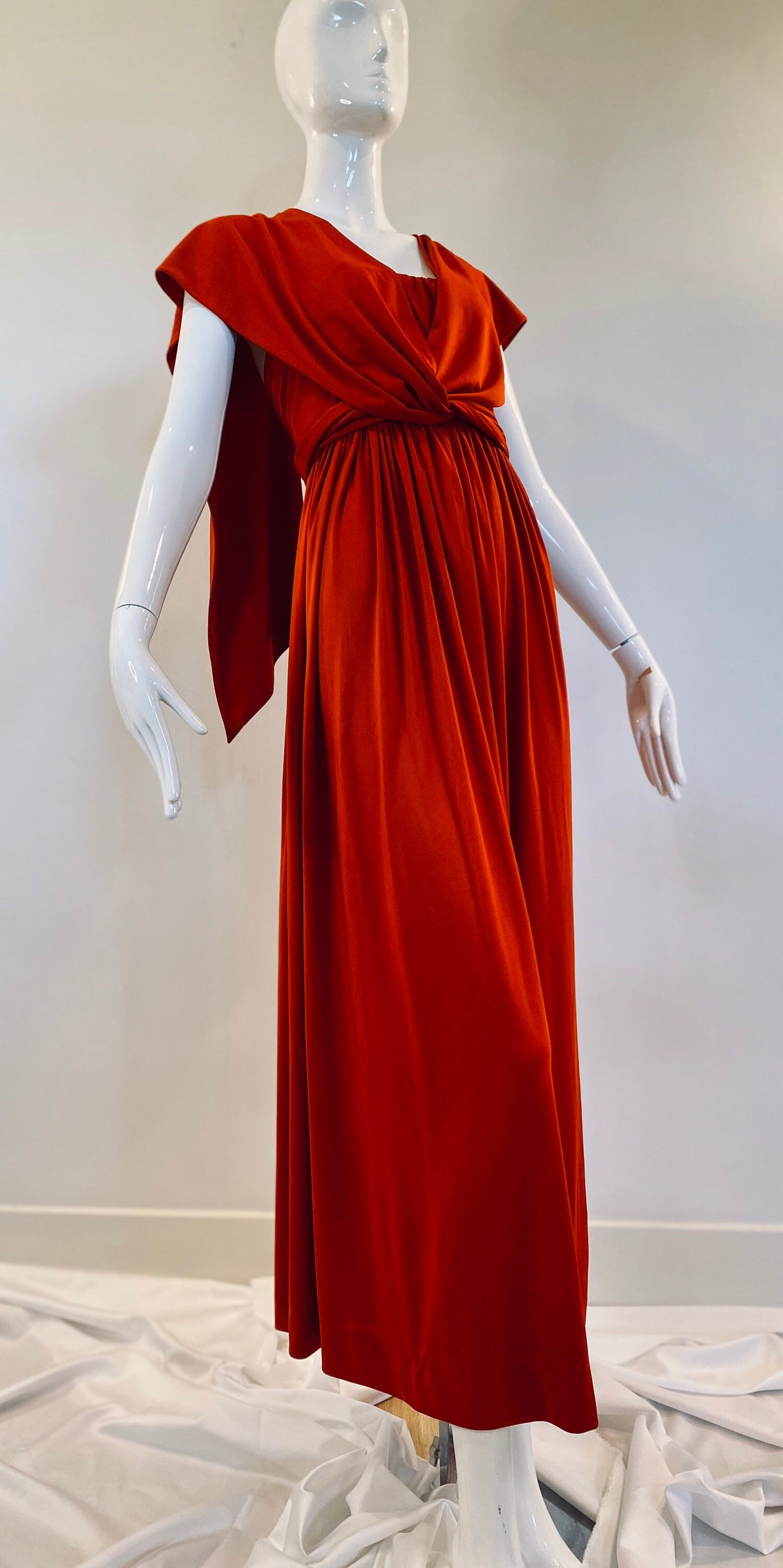 70s Donald Brooks Burned Orange Jersey Sashed Grecian Disco Gown
