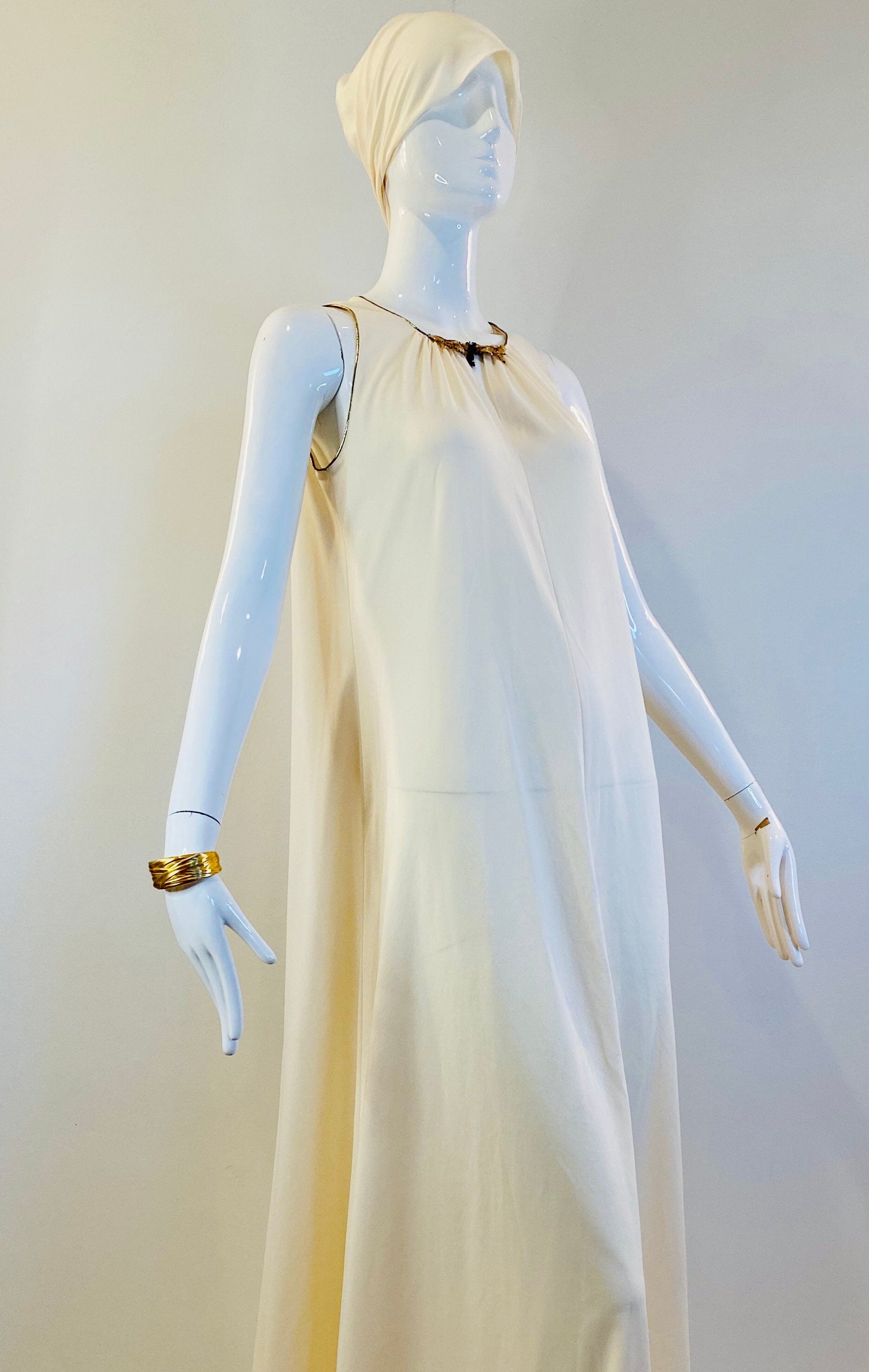 70s OOAK Ivory and Gold Grecian Disco Dress Gown and Sash Ensemble