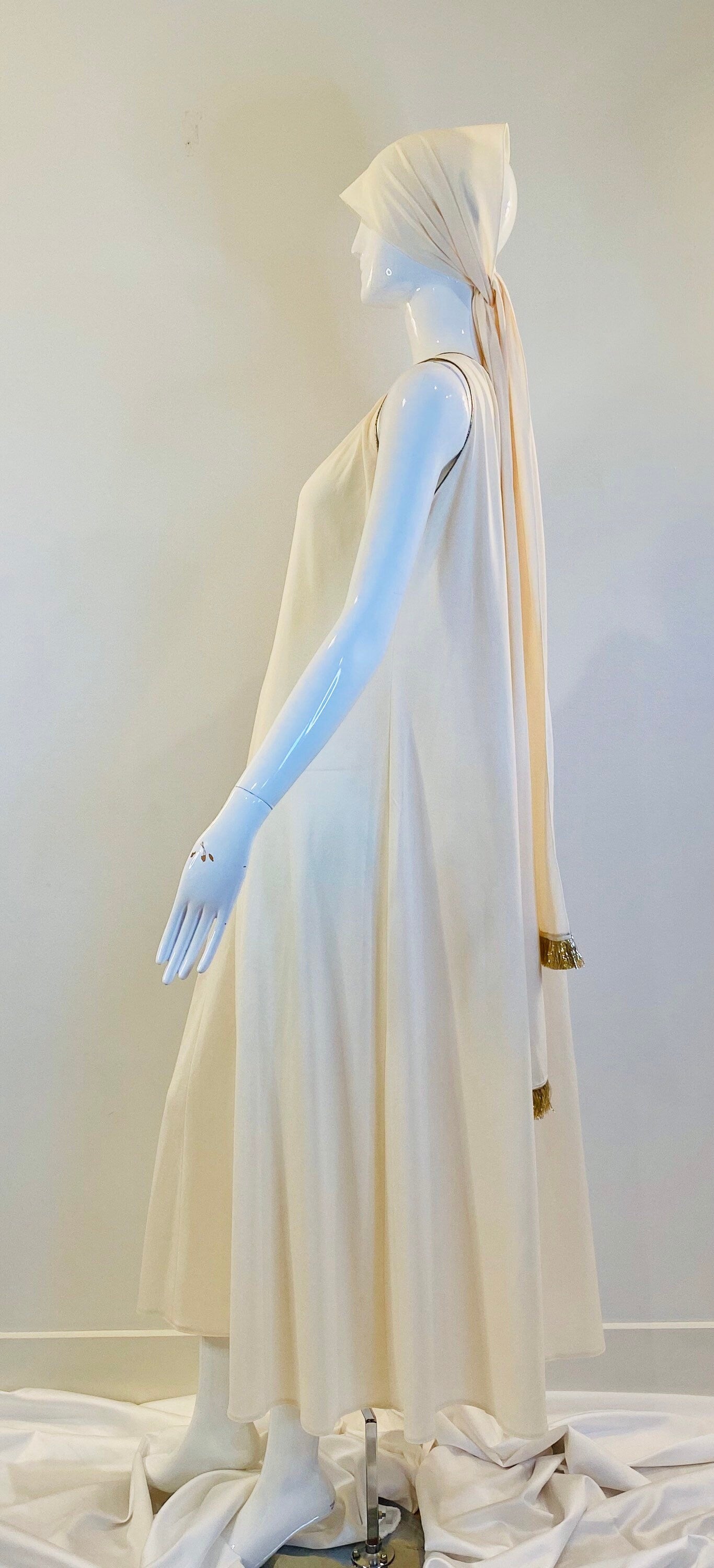 70s OOAK Ivory and Gold Grecian Disco Dress Gown and Sash Ensemble