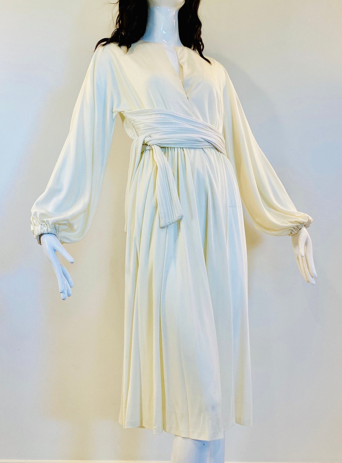 70s DONALD BROOKS White Jersey Dramatic Long Sleeves Midi Wrap Dress