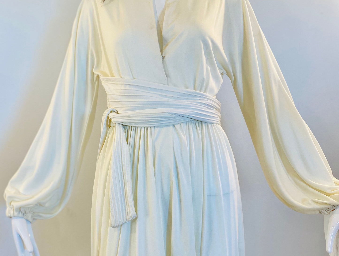70s DONALD BROOKS White Jersey Dramatic Long Sleeves Midi Wrap Dress