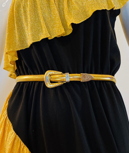 Vintage signed Accessocraft NYC gold stretchy snake chain western metal buckle belt.