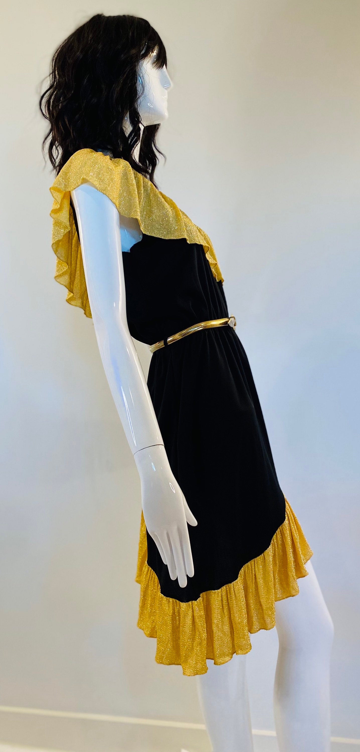 70s Disco Queen Studio 54 Sexy One Shoulder High Side Slit Barely There Party Dress Gold Lurex Nad Black Jersey RARE