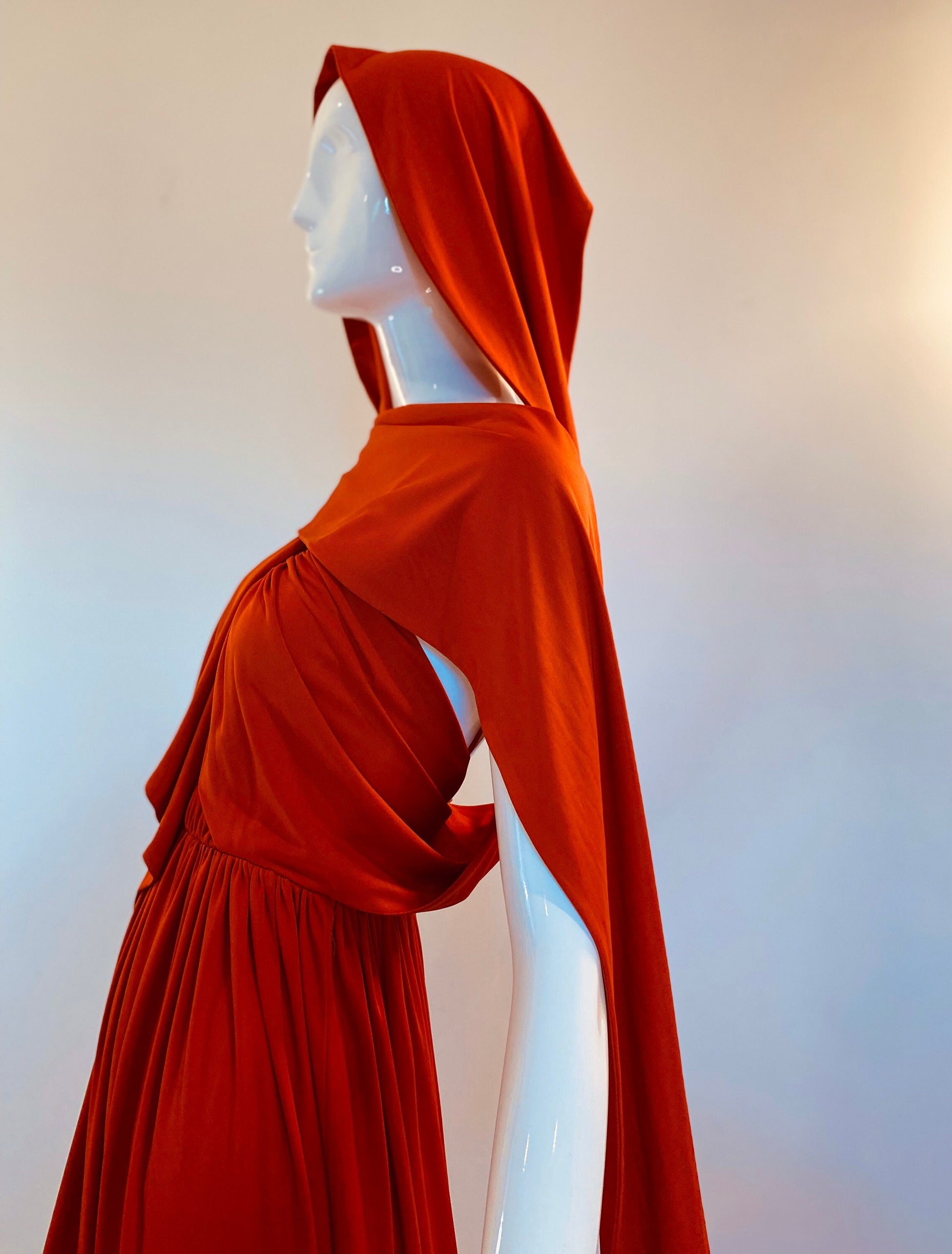 70s Donald Brooks Burned Orange Jersey Sashed Grecian Disco Gown