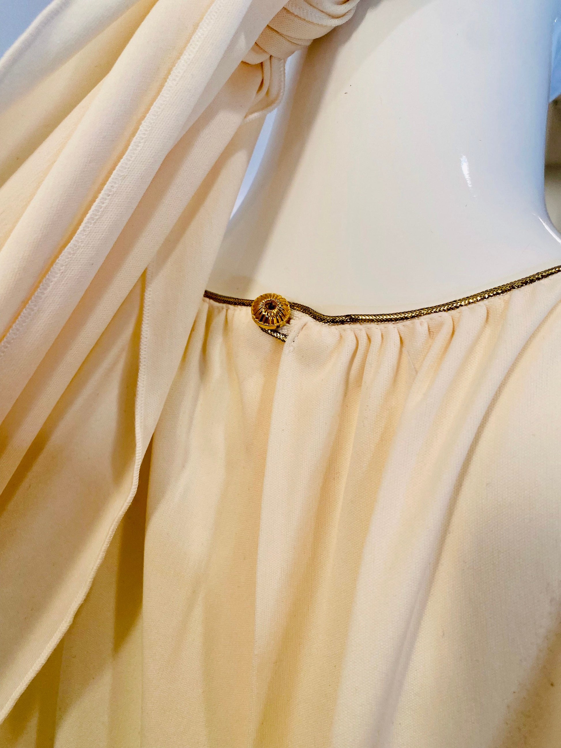 70s OOAK Ivory and Gold Grecian Disco Dress Gown and Sash Ensemble