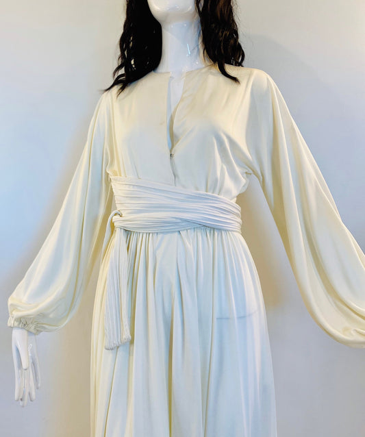 70s DONALD BROOKS White Jersey Dramatic Long Sleeves Midi Wrap Dress