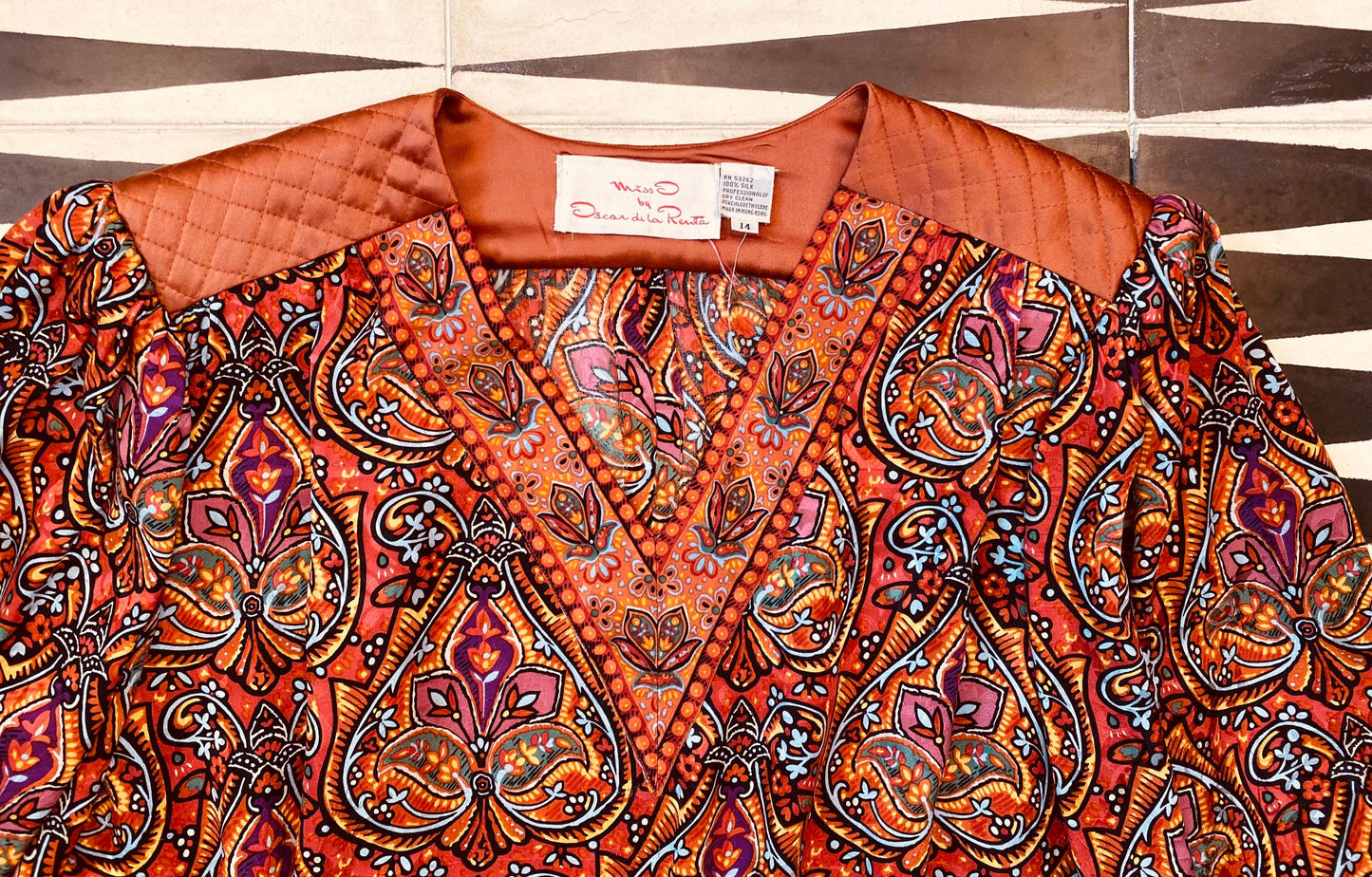 80s Miss O Oscar De La Renta Gypsy Paisley Silk Dramatic Balloon Sleeves Skirt Set 31" Waist