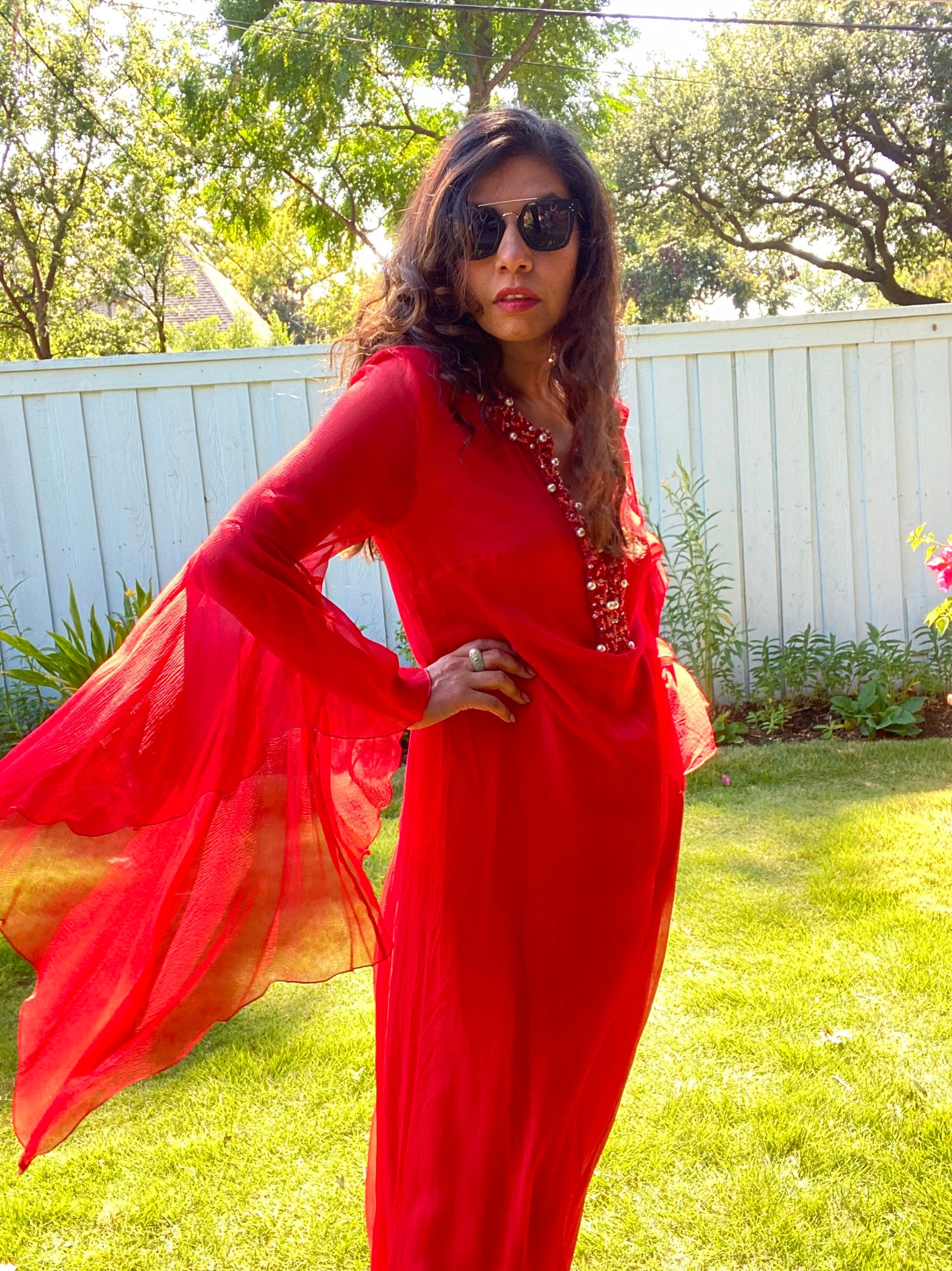 Andrew Gn Red Silk Chiffon Maxi Red Carpet Gown Heavily Beaded Neckline Angel Wings 44