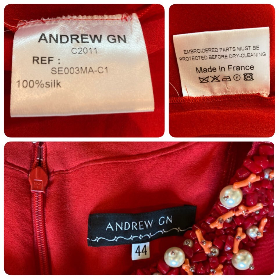 Andrew Gn Red Silk Chiffon Maxi Red Carpet Gown Heavily Beaded Neckline Angel Wings 44