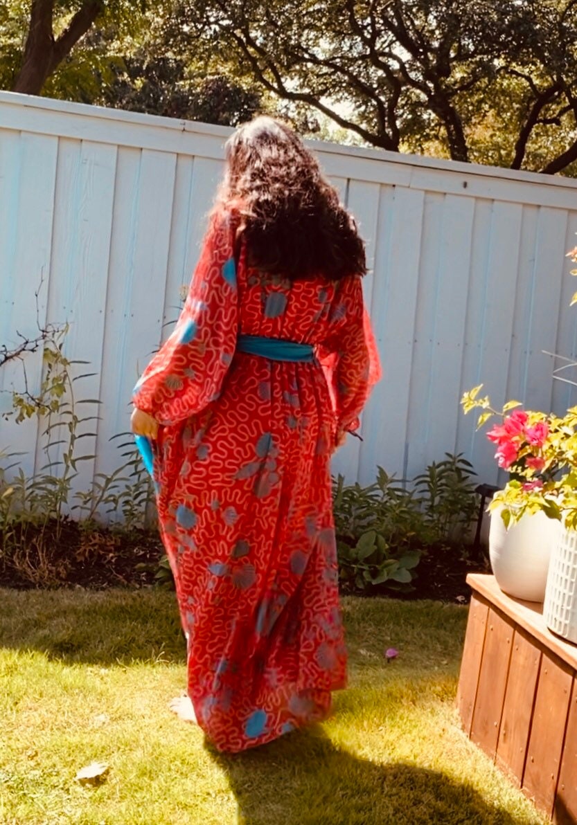 Zandra RHODES 70s Red Chiffon Wiggle Shell Maxi Dress Gown Signed Sash