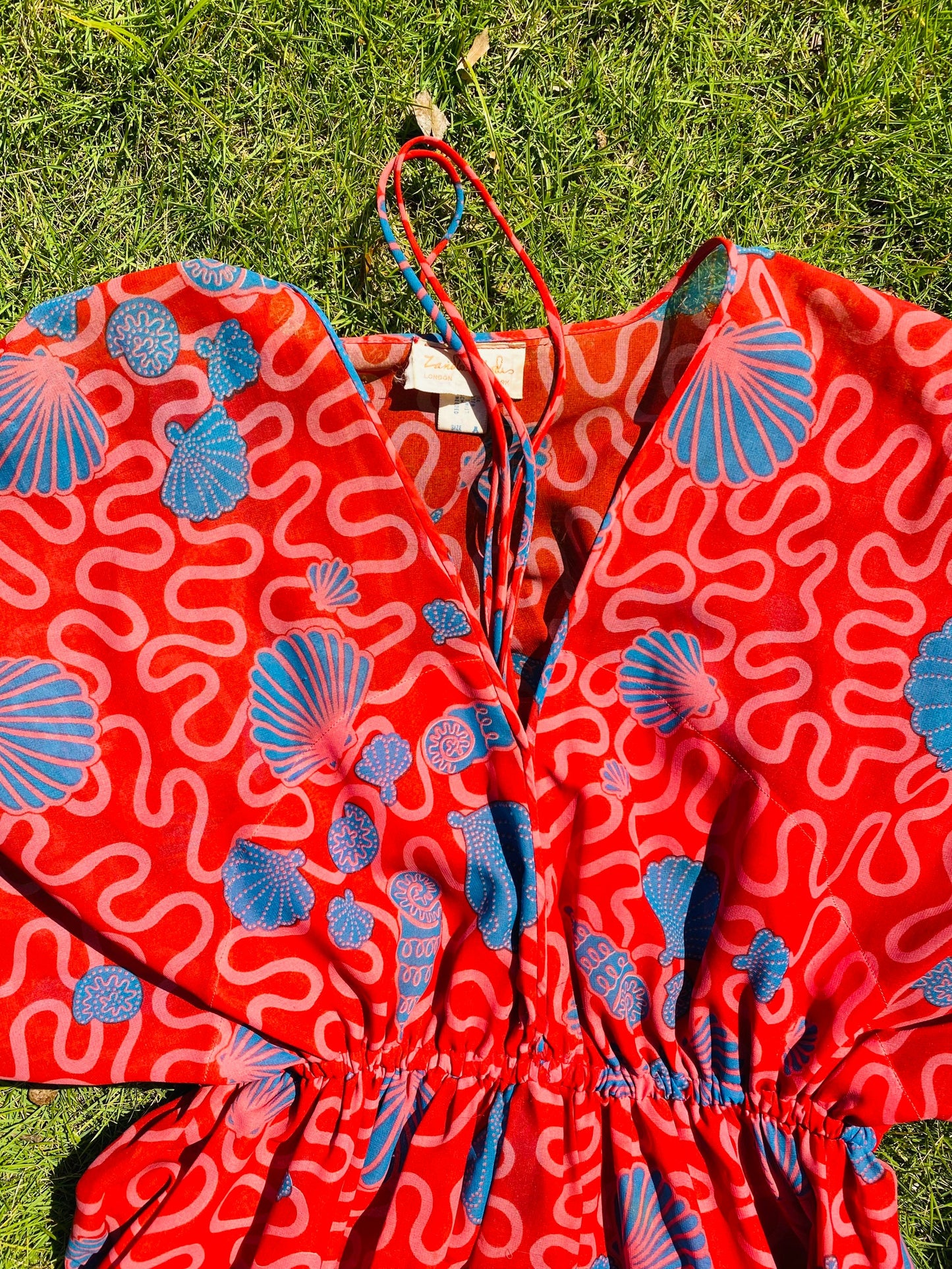 Zandra RHODES 70s Red Chiffon Wiggle Shell Maxi Dress Gown Signed Sash