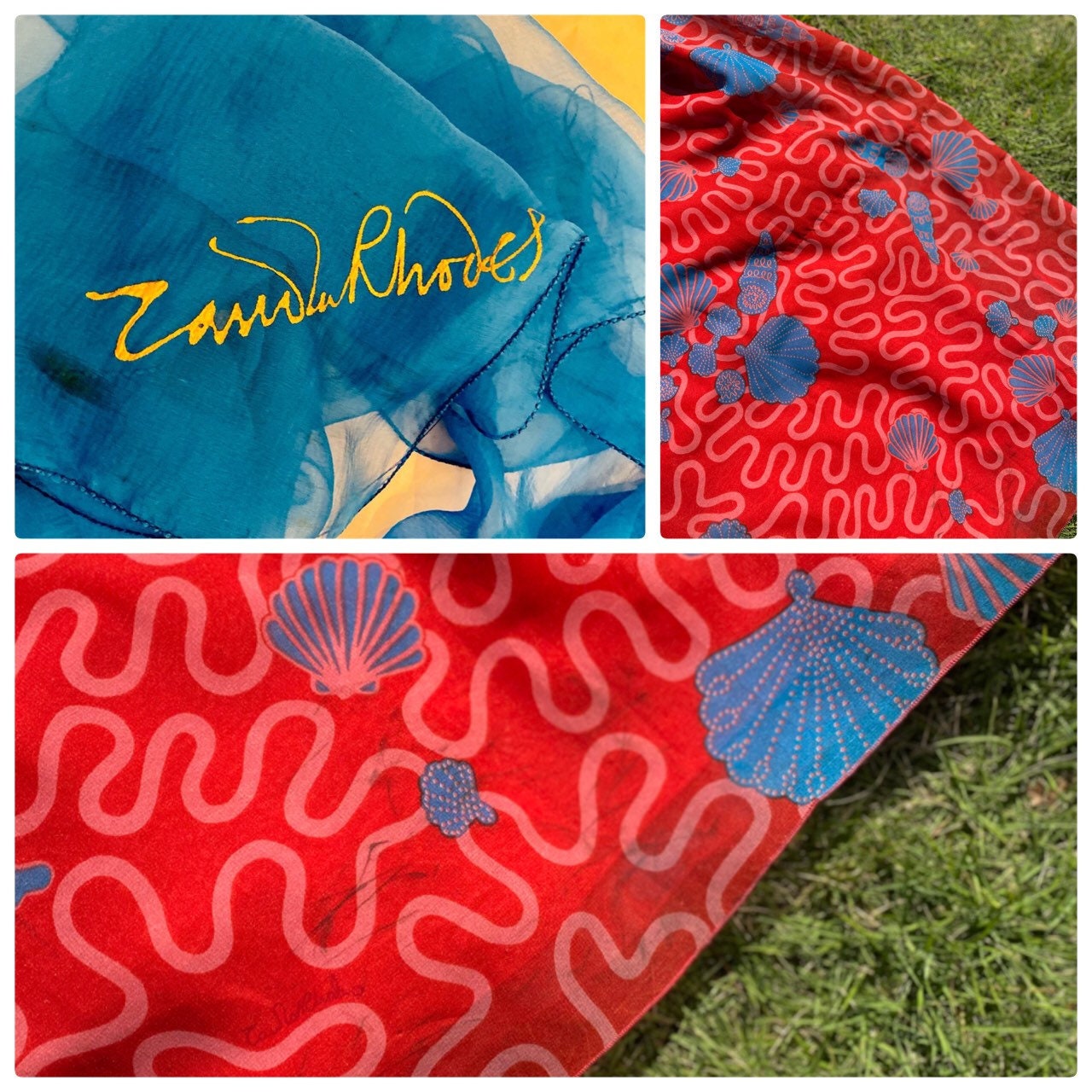 Zandra RHODES 70s Red Chiffon Wiggle Shell Maxi Dress Gown Signed Sash